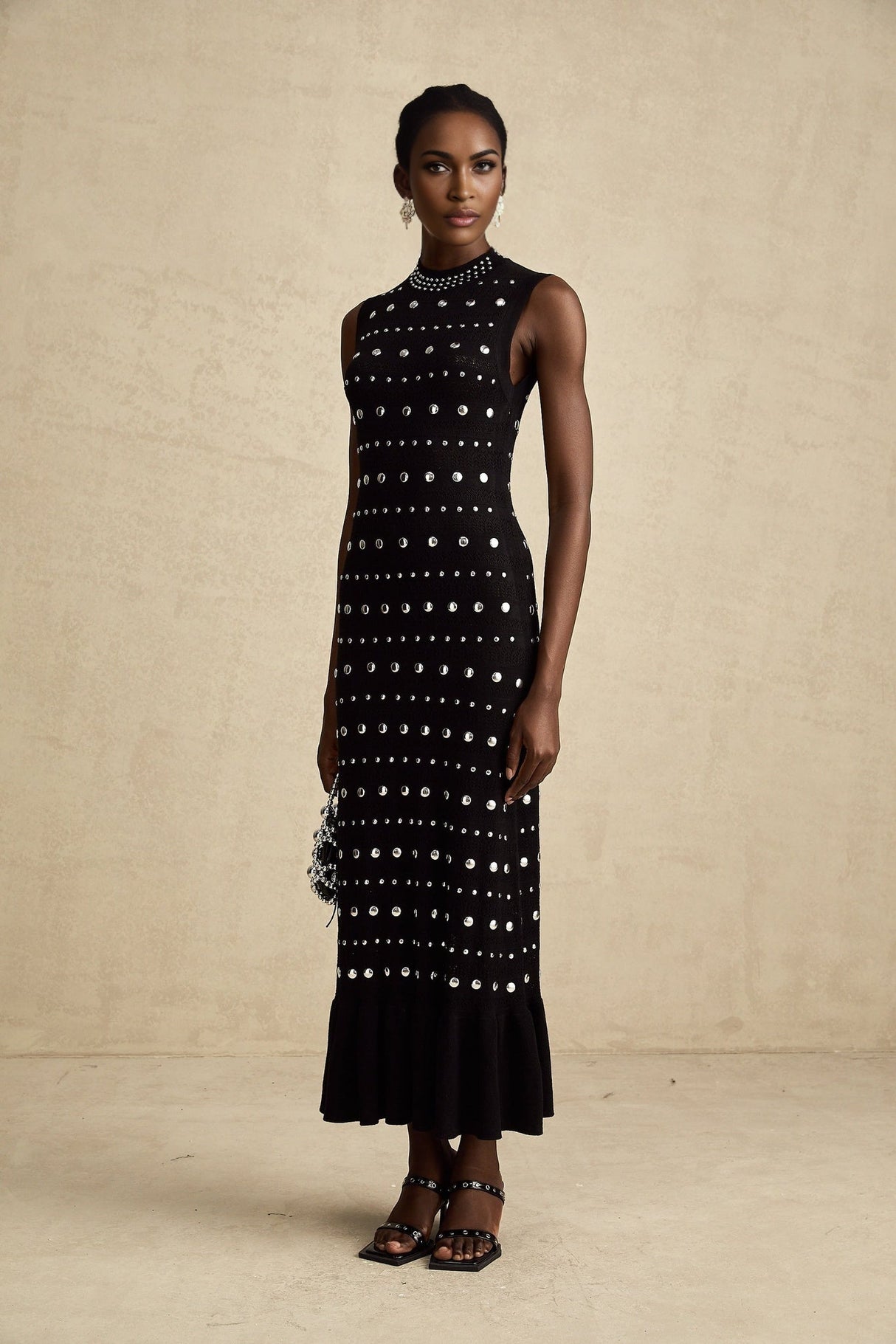 Fiorella Maxi Dress - Crochet Knit - Stud Embellishments - Ruffled Hem - Stretch Design