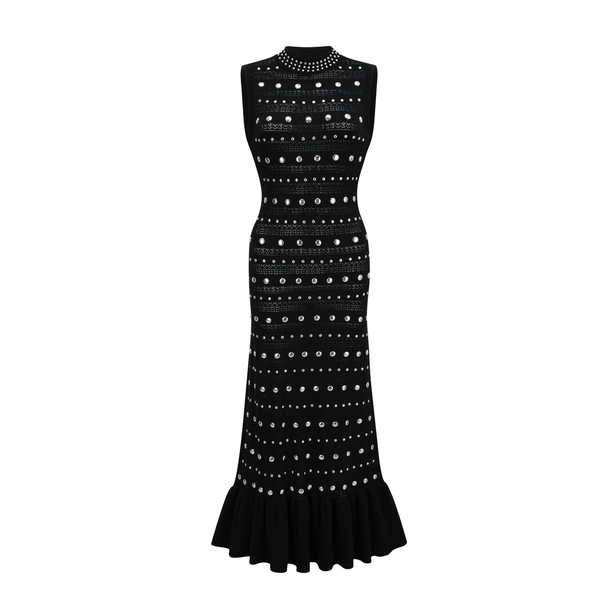 Fiorella Maxi Dress - Crochet Knit - Stud Embellishments - Ruffled Hem - Stretch Design