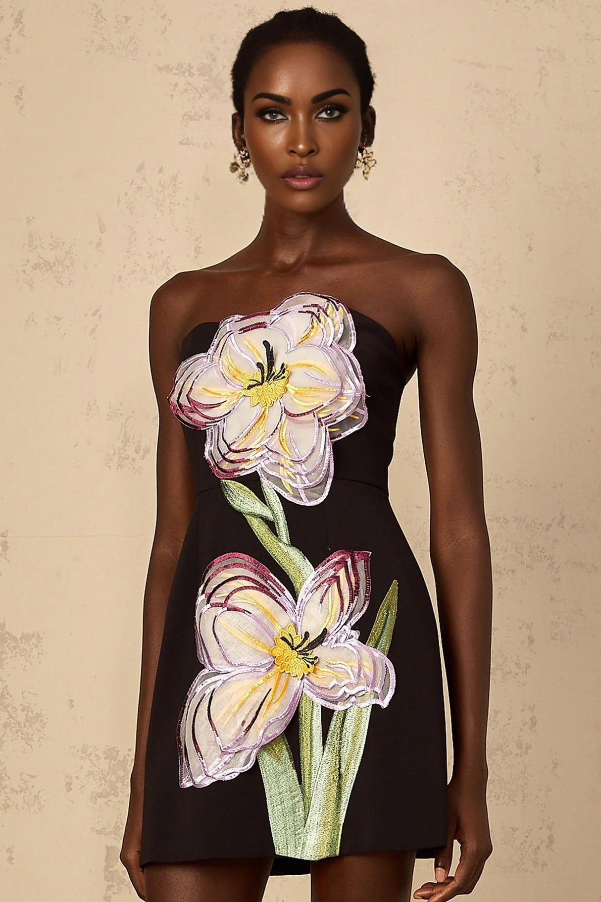 Fiorella Mini Dress Black Sequin Floral Off - Shoulder