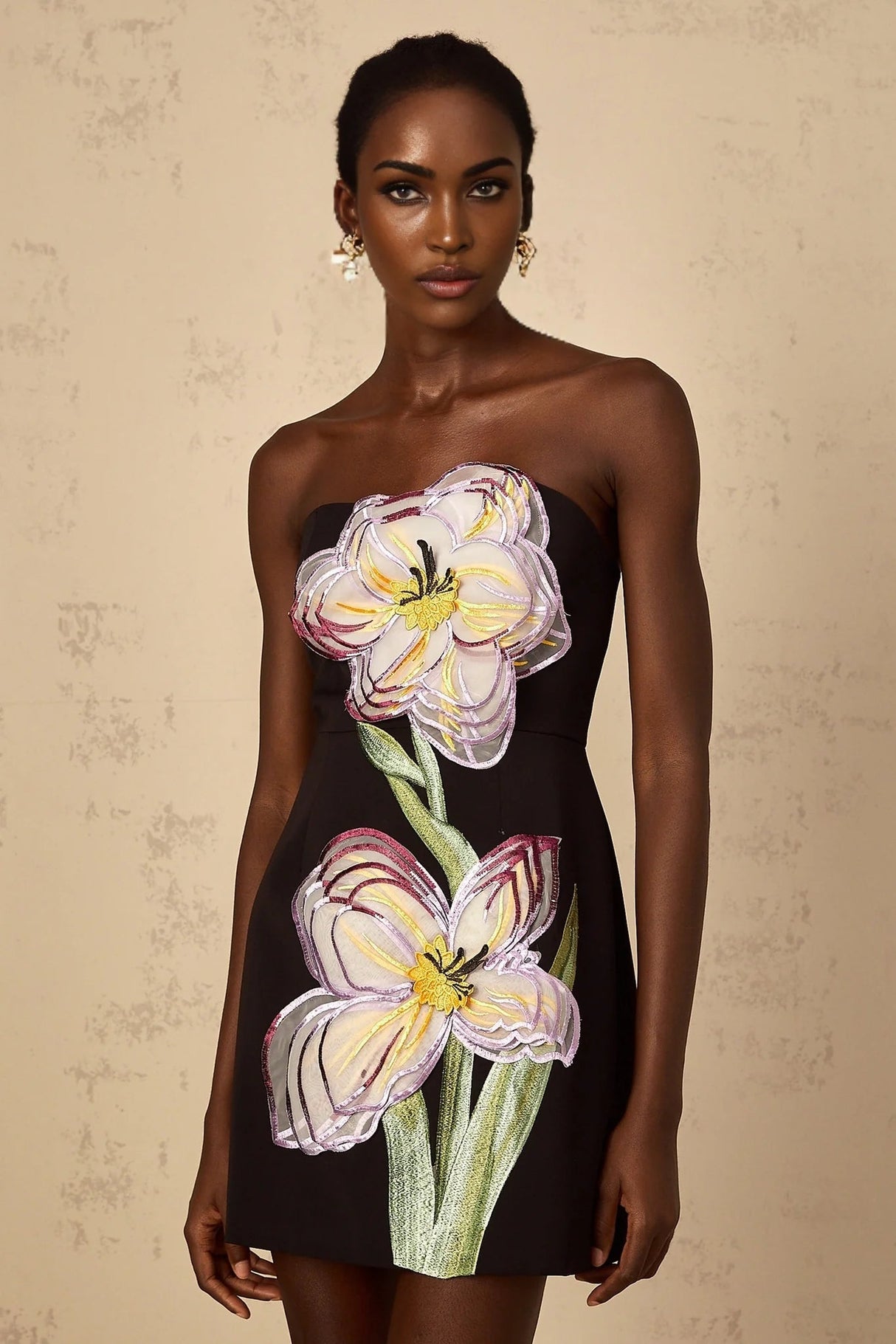 Fiorella Mini Dress Black Sequin Floral Off - Shoulder