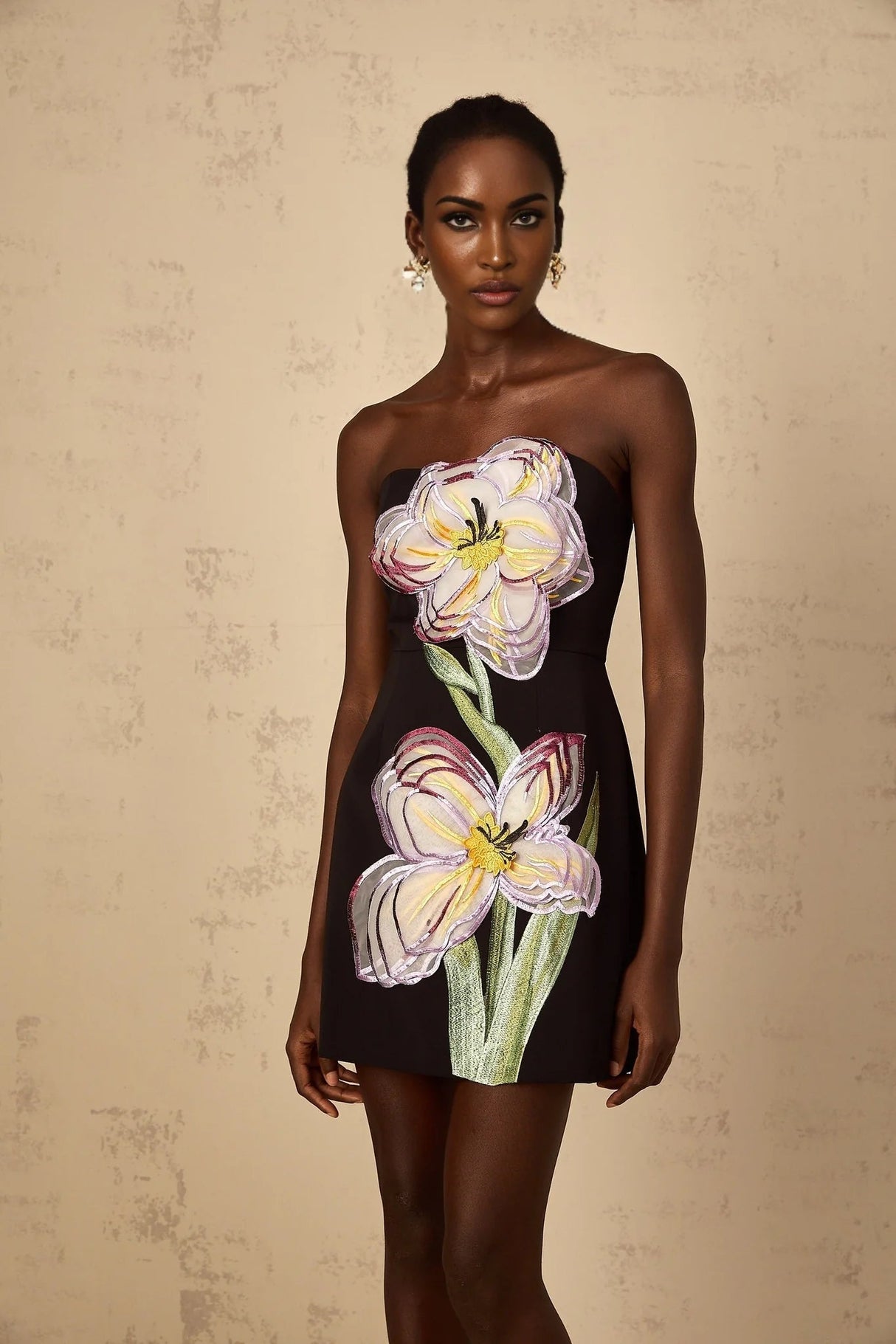 Fiorella Mini Dress Black Sequin Floral Off - Shoulder