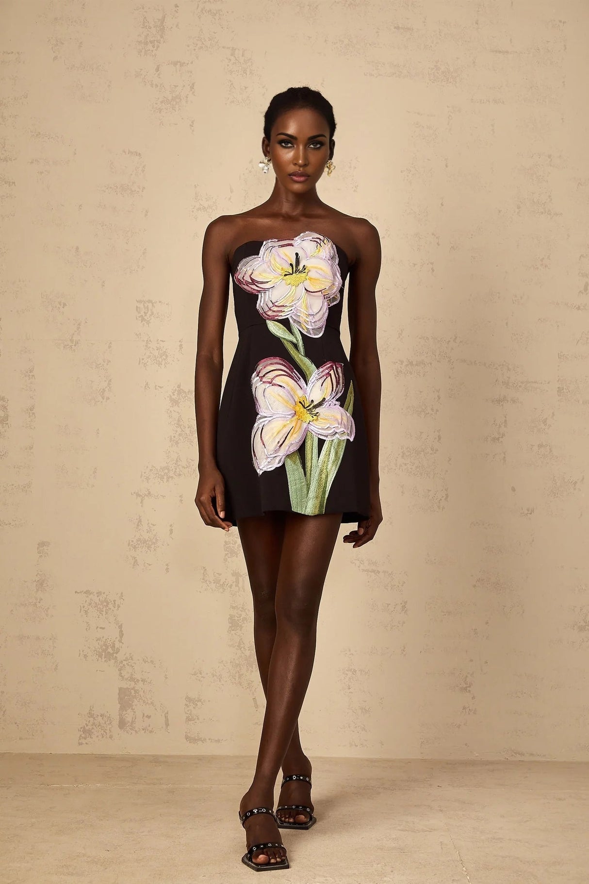 Fiorella Mini Dress Black Sequin Floral Off - Shoulder