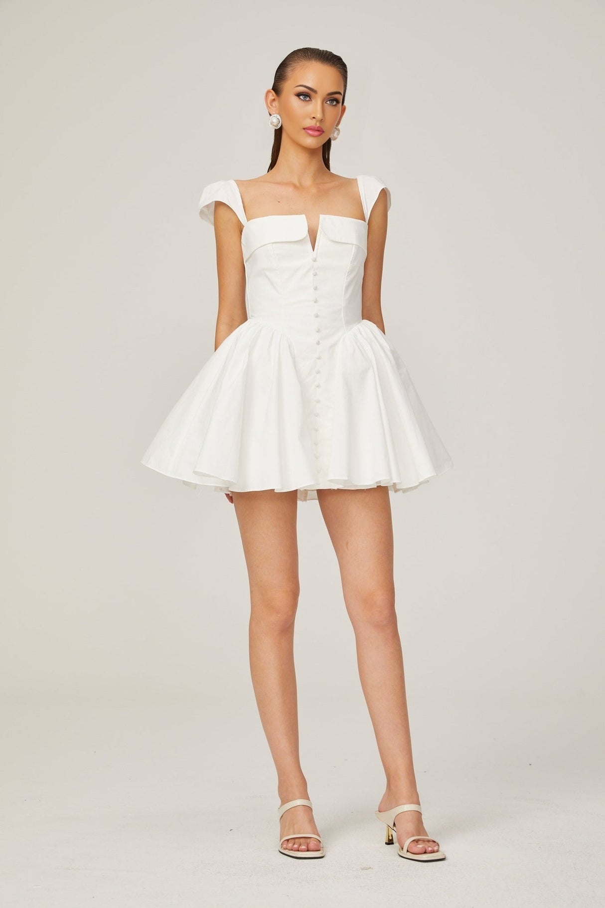 Fiorella Mini Dress - Folded Split Neck - Boned Bodice - Flared Skirt - Decorative Buttons - Rear Zip Fastening