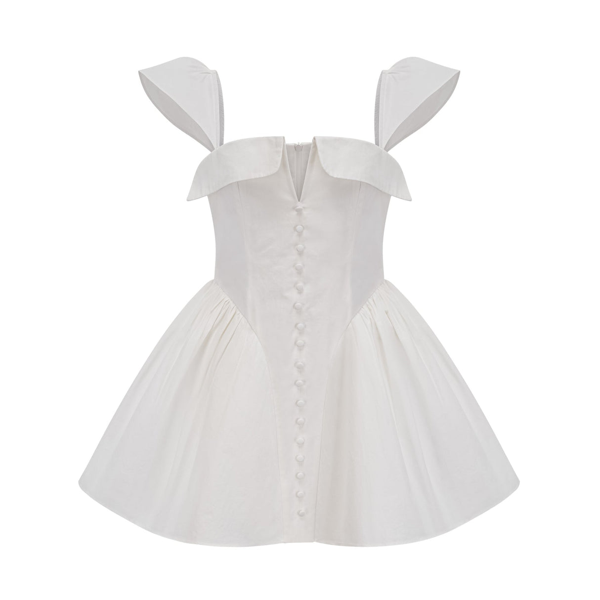 Fiorella Mini Dress - Folded Split Neck - Boned Bodice - Flared Skirt - Decorative Buttons - Rear Zip Fastening