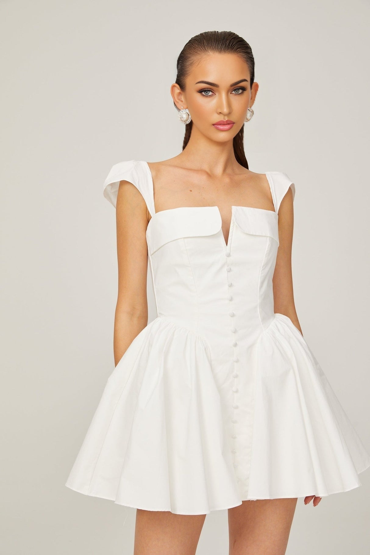 Fiorella Mini Dress - Folded Split Neck - Boned Bodice - Flared Skirt - Decorative Buttons - Rear Zip Fastening