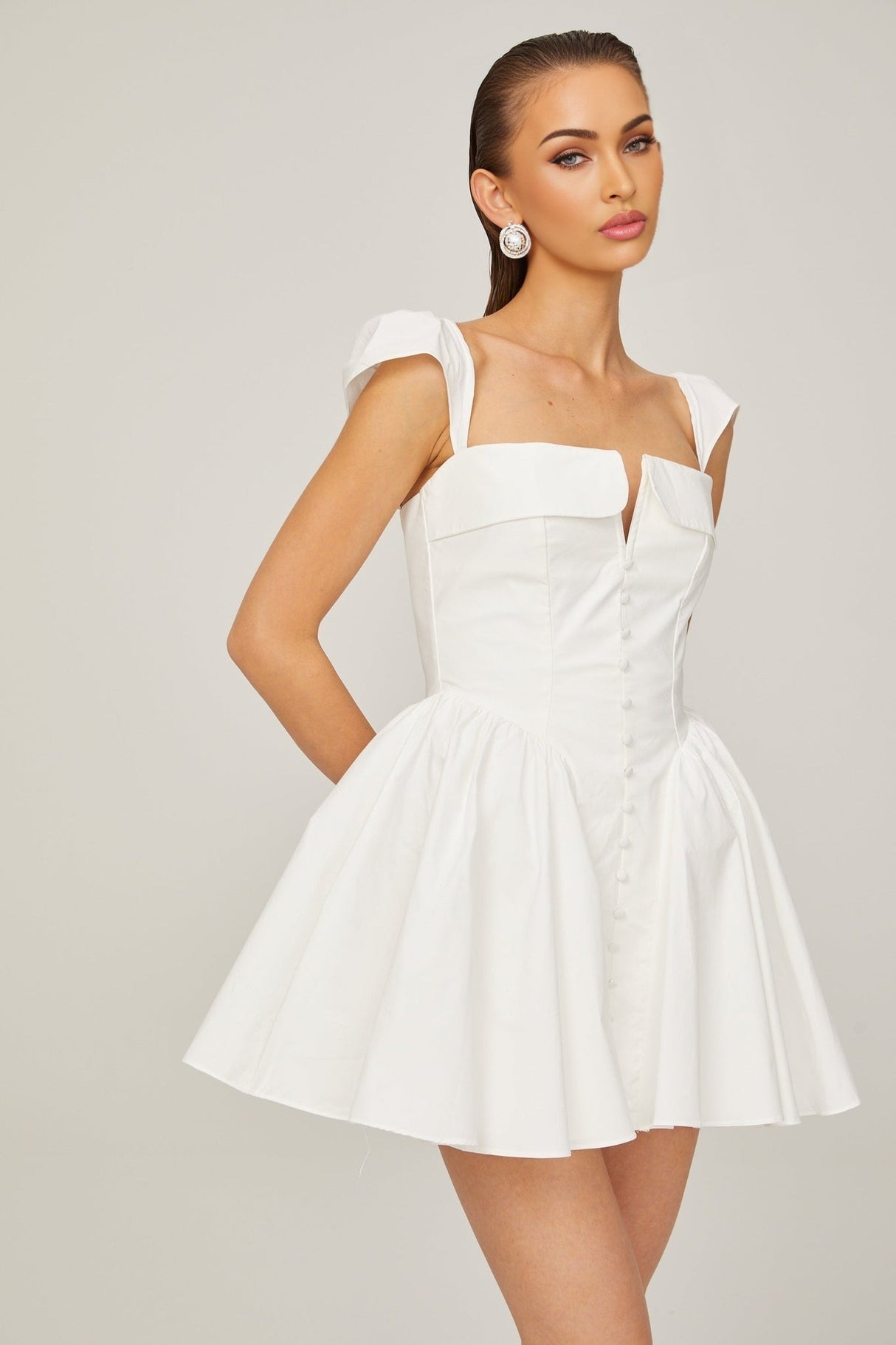 Fiorella Mini Dress - Folded Split Neck - Boned Bodice - Flared Skirt - Decorative Buttons - Rear Zip Fastening