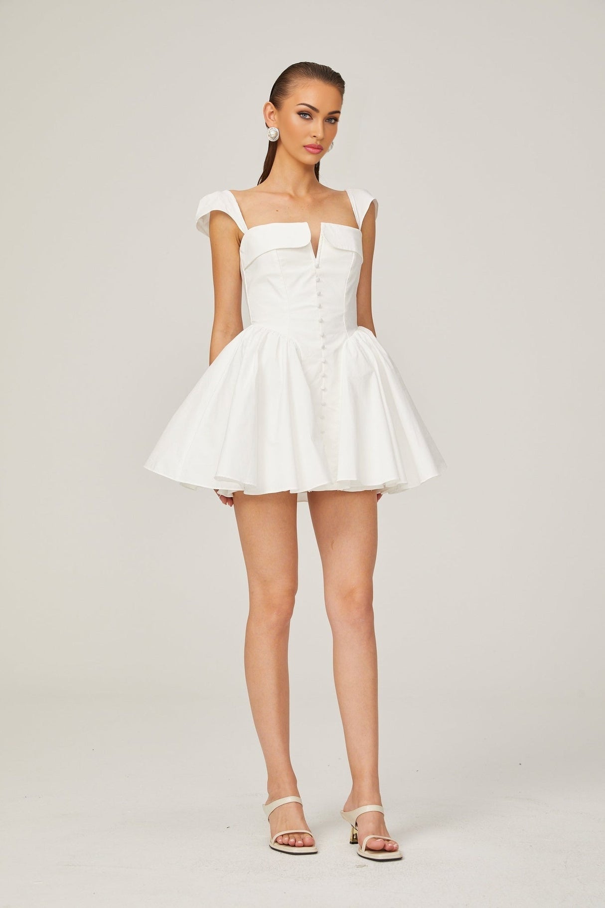 Fiorella Mini Dress - Folded Split Neck - Boned Bodice - Flared Skirt - Decorative Buttons - Rear Zip Fastening