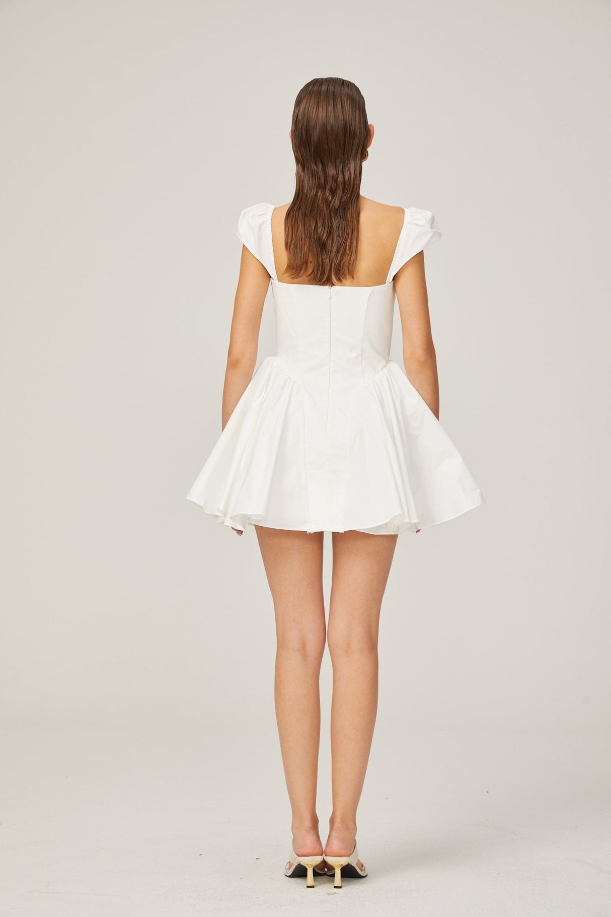 Fiorella Mini Dress - Folded Split Neck - Boned Bodice - Flared Skirt - Decorative Buttons - Rear Zip Fastening