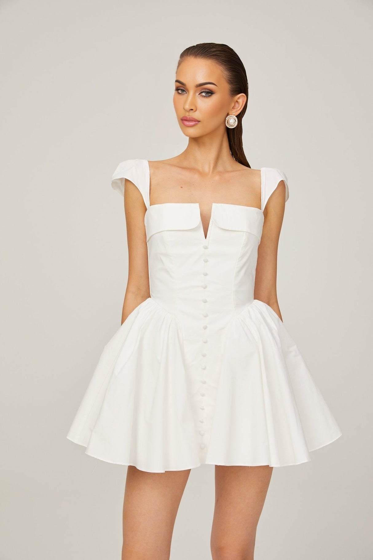 Fiorella Mini Dress - Folded Split Neck - Boned Bodice - Flared Skirt - Decorative Buttons - Rear Zip Fastening