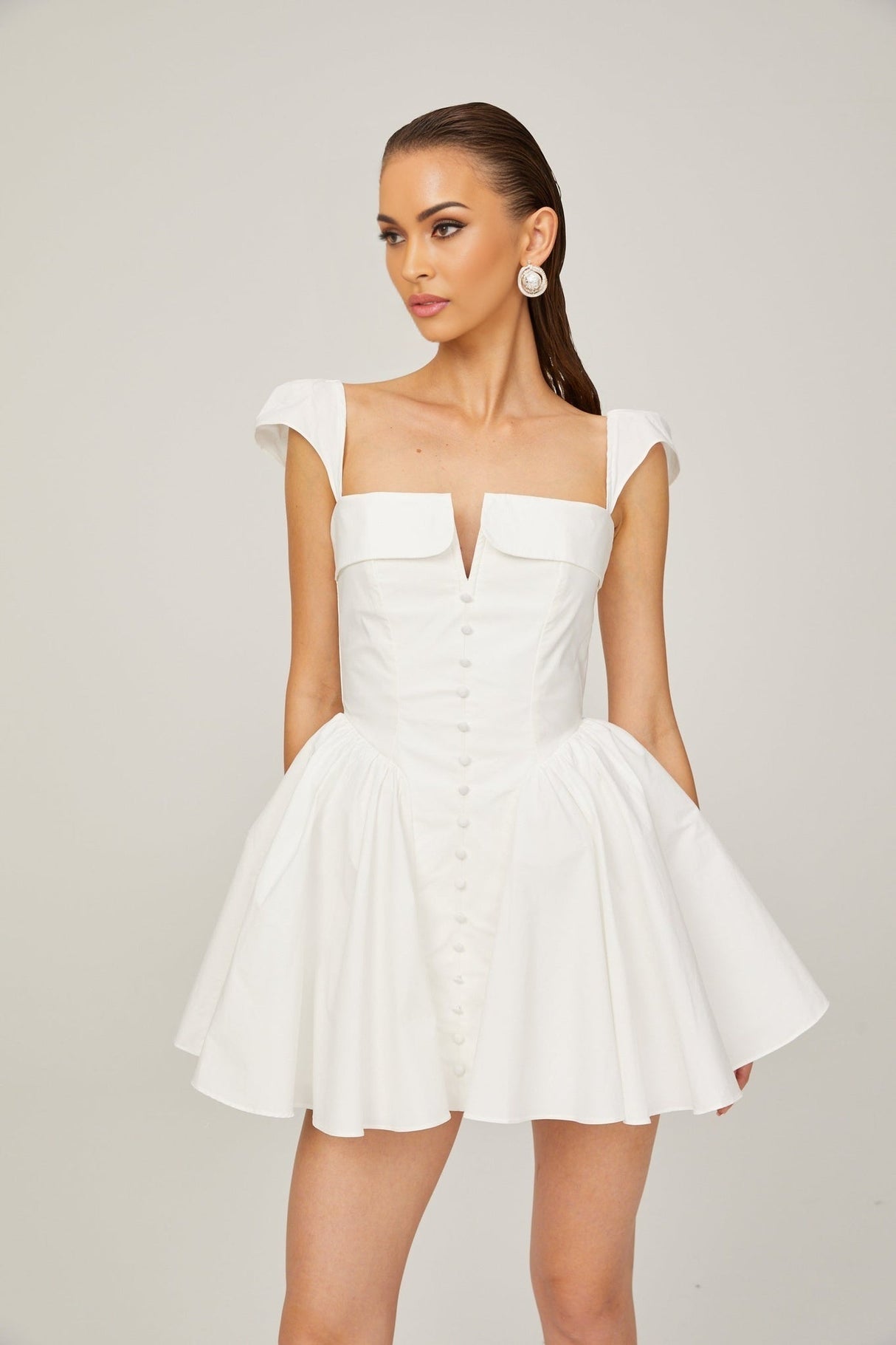 Fiorella Mini Dress - Folded Split Neck - Boned Bodice - Flared Skirt - Decorative Buttons - Rear Zip Fastening