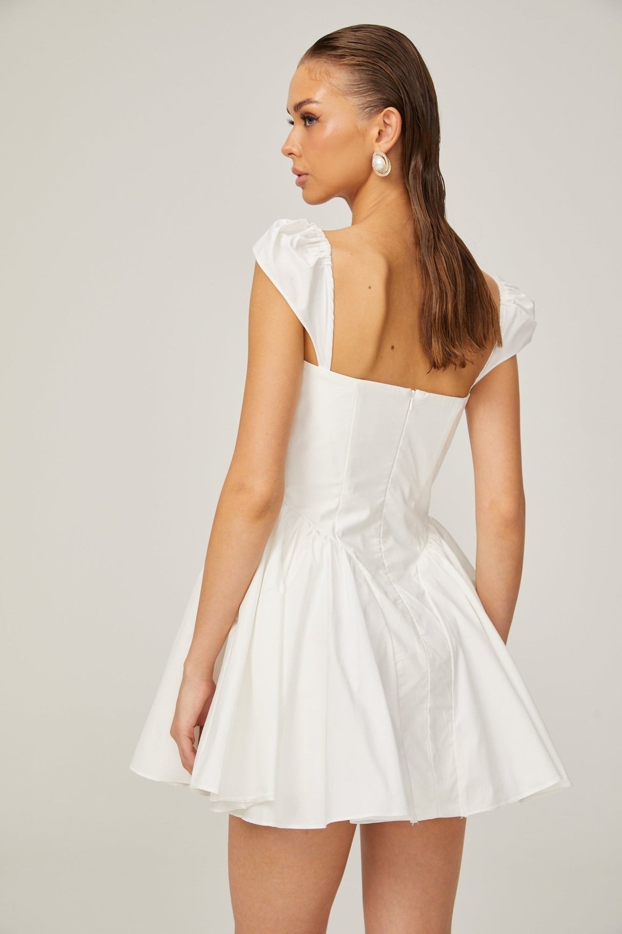 Fiorella Mini Dress - Folded Split Neck - Boned Bodice - Flared Skirt - Decorative Buttons - Rear Zip Fastening