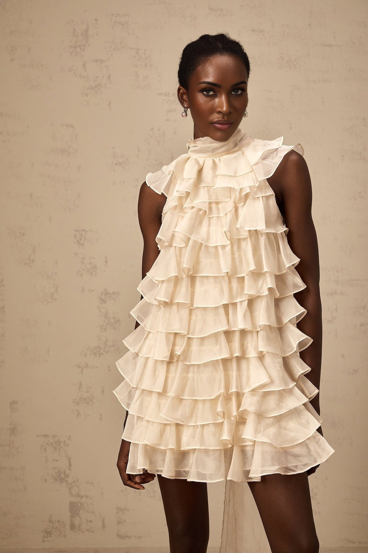 Fiorella Mini Dress - Sleeveless - Flounce Trim - Tiered Design - Self - tie Detail - Rear Zip Fastening