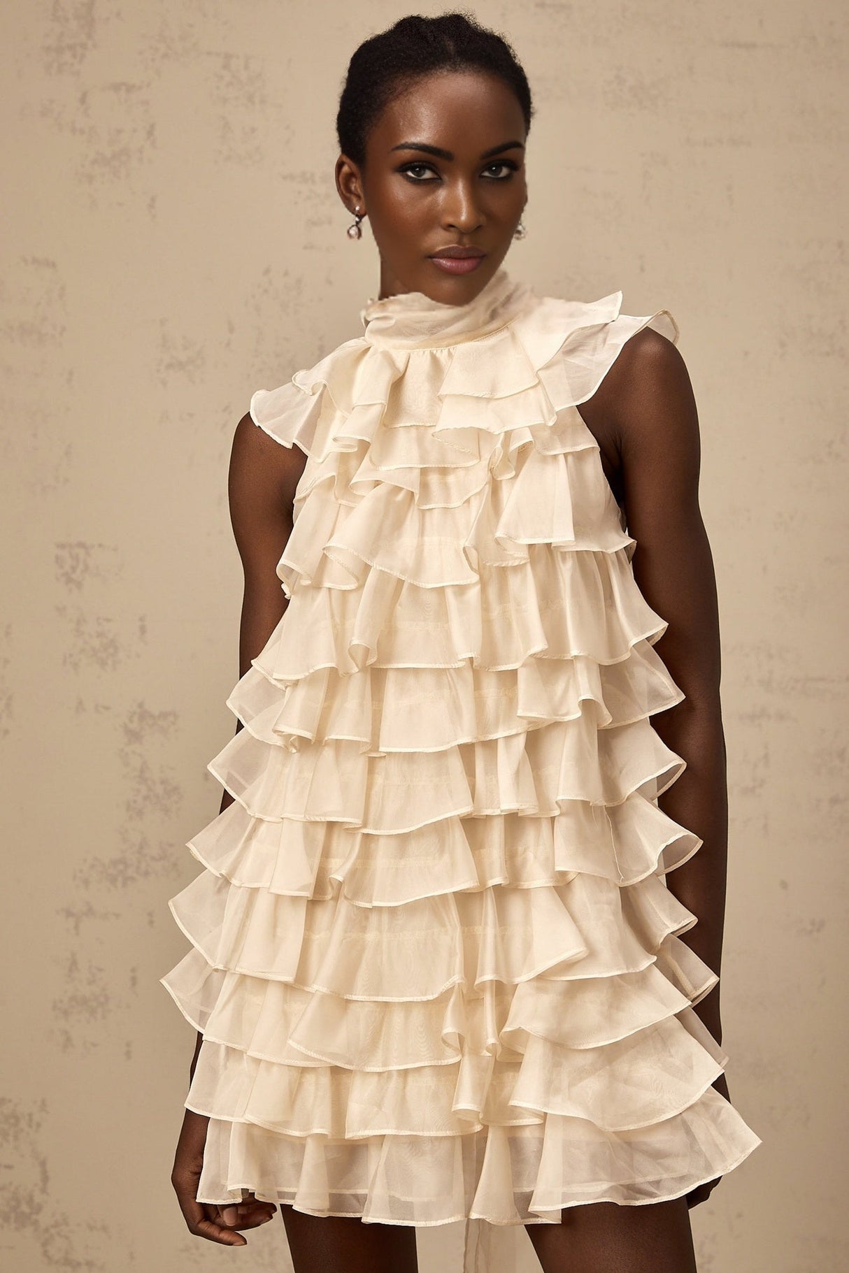 Fiorella Mini Dress - Sleeveless - Flounce Trim - Tiered Design - Self - tie Detail - Rear Zip Fastening