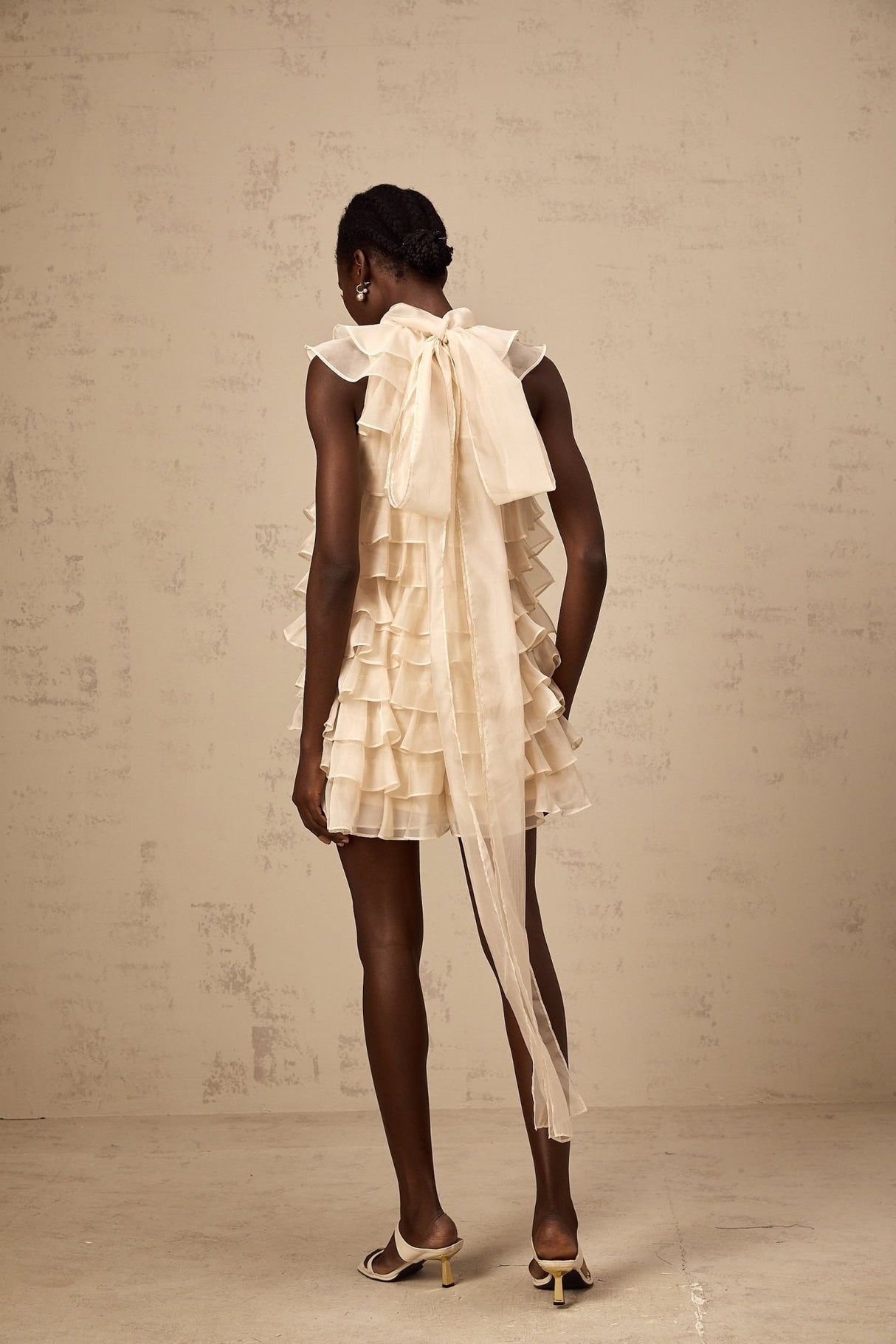 Fiorella Mini Dress - Sleeveless - Flounce Trim - Tiered Design - Self - tie Detail - Rear Zip Fastening