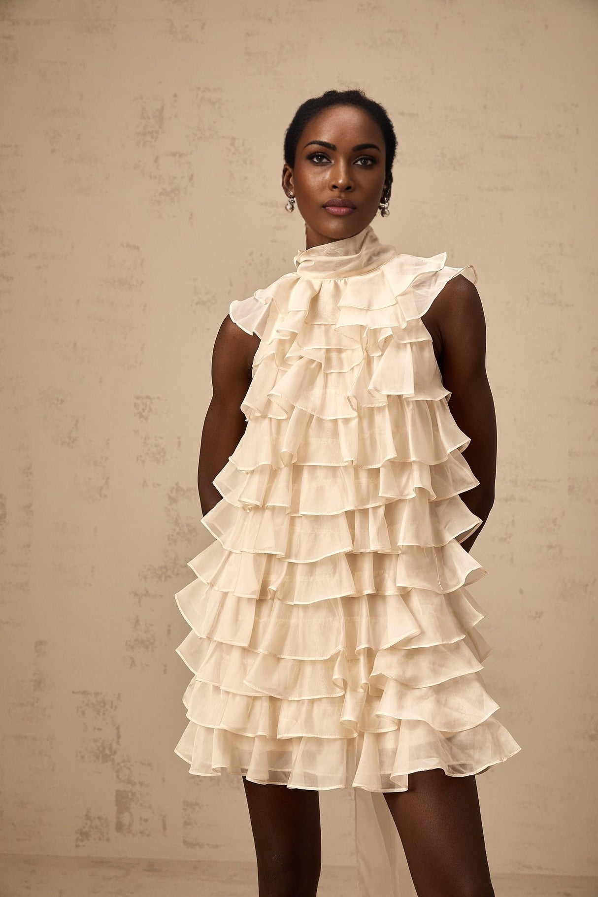 Fiorella Mini Dress - Sleeveless - Flounce Trim - Tiered Design - Self - tie Detail - Rear Zip Fastening