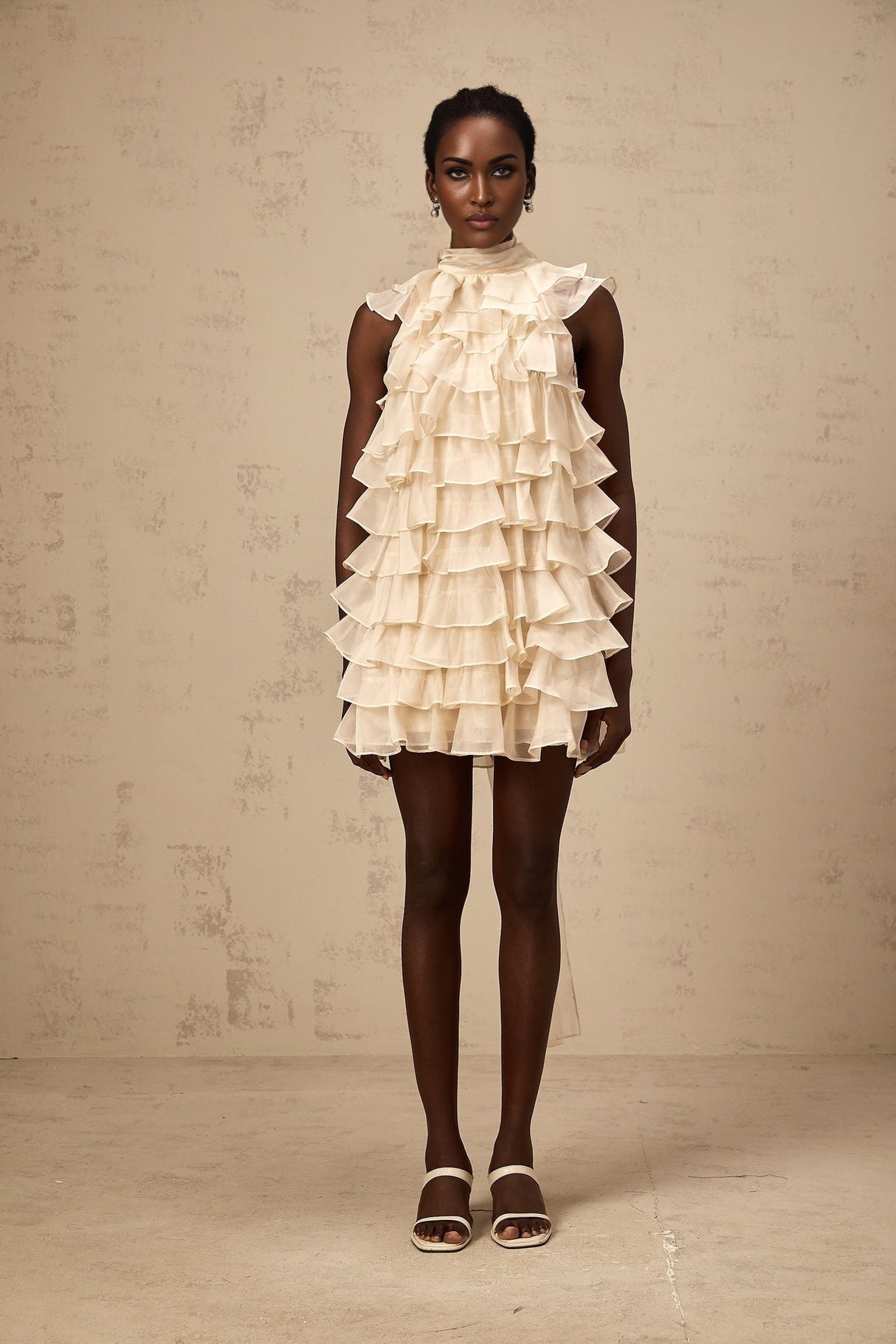 Fiorella Mini Dress - Sleeveless - Flounce Trim - Tiered Design - Self - tie Detail - Rear Zip Fastening