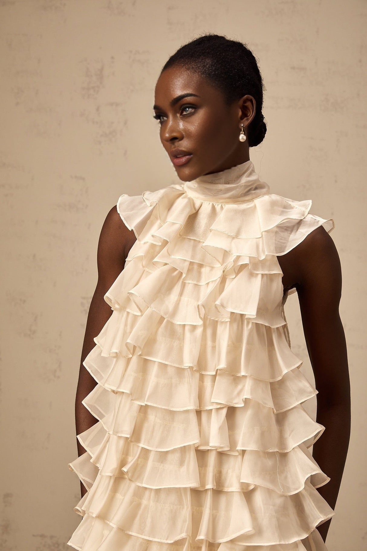 Fiorella Mini Dress - Sleeveless - Flounce Trim - Tiered Design - Self - tie Detail - Rear Zip Fastening