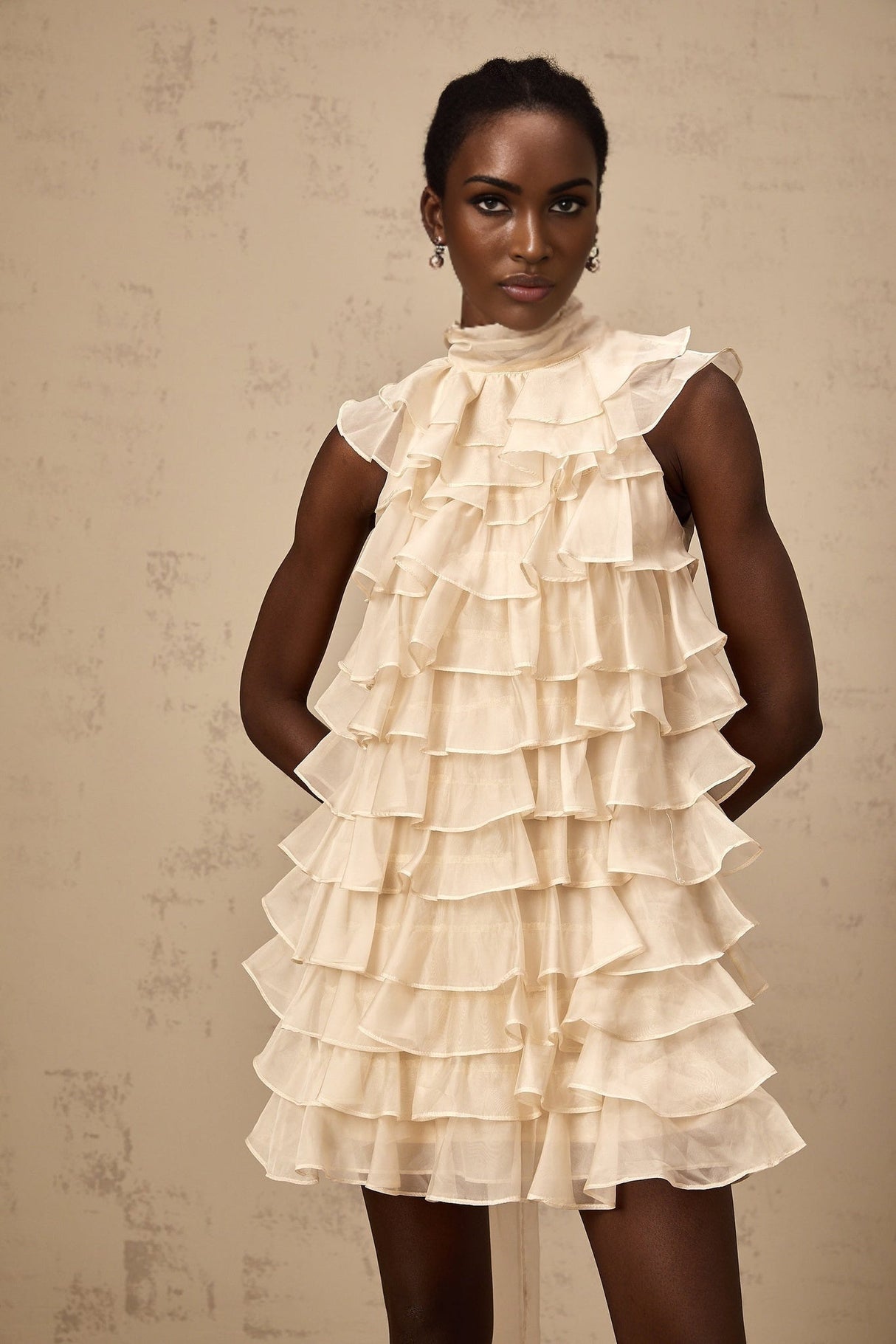 Fiorella Mini Dress - Sleeveless - Flounce Trim - Tiered Design - Self - tie Detail - Rear Zip Fastening