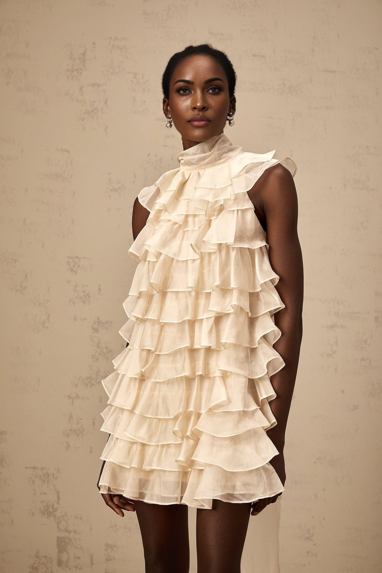 Fiorella Mini Dress - Sleeveless - Flounce Trim - Tiered Design - Self - tie Detail - Rear Zip Fastening