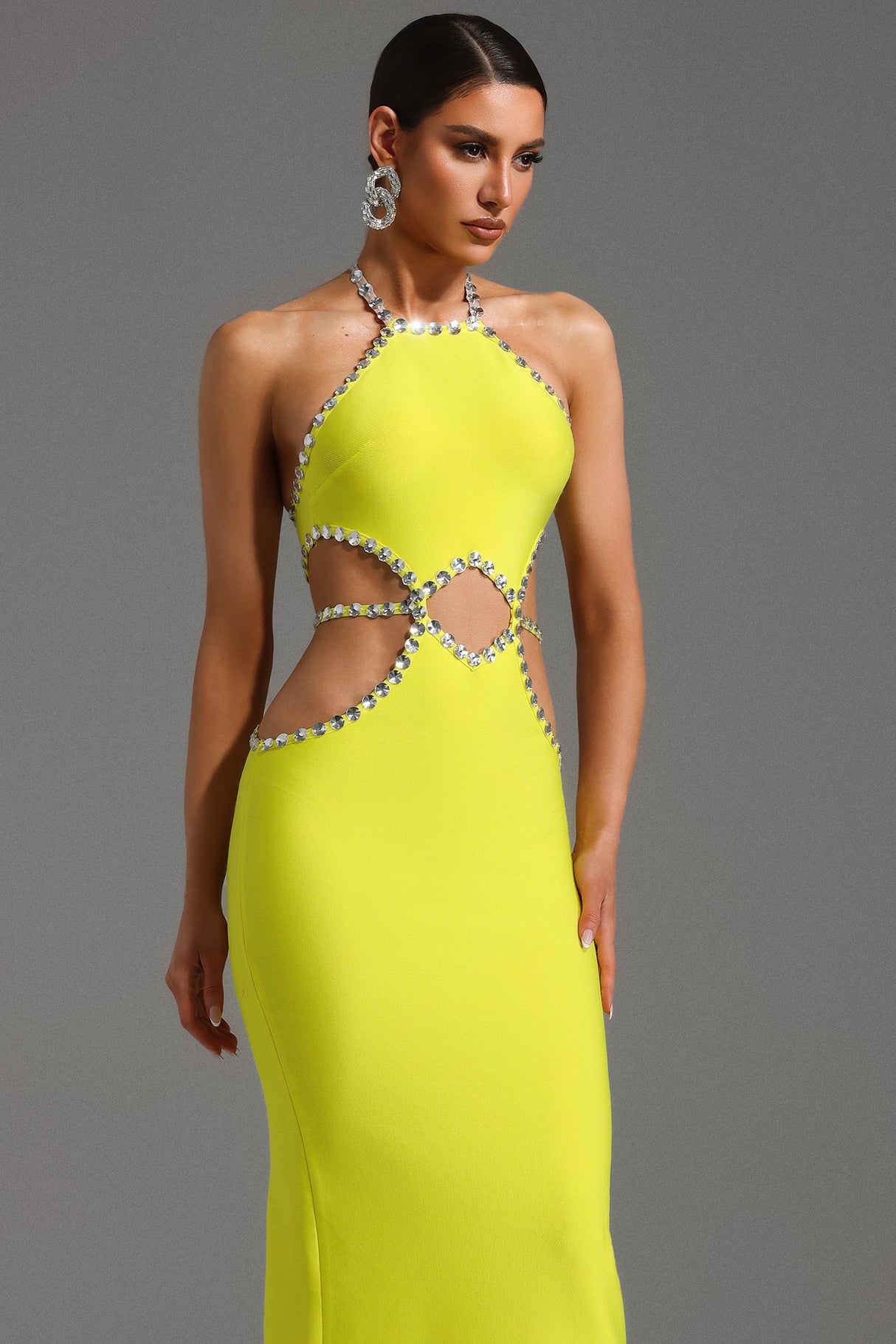 Fiorella Yellow Halter Neckline Diamond Detailing Dress