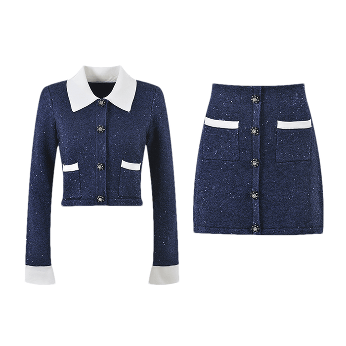 Fiorenza Jacket & Skirt - Lapels Design - Front Button Fastening - Knitted Construction - Stylish Front Button Decoration