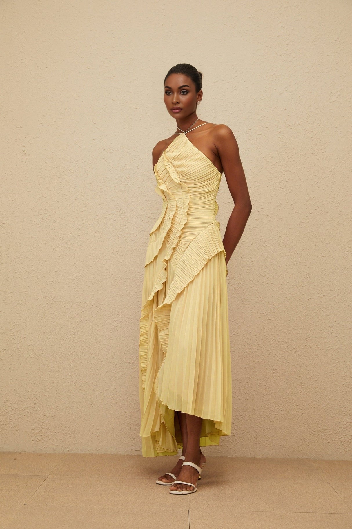 Fiorenza Midi Dress - Halterneck - Sleeveless - Fully - Pleated - Ruffled Trim - Asymmetrical Design