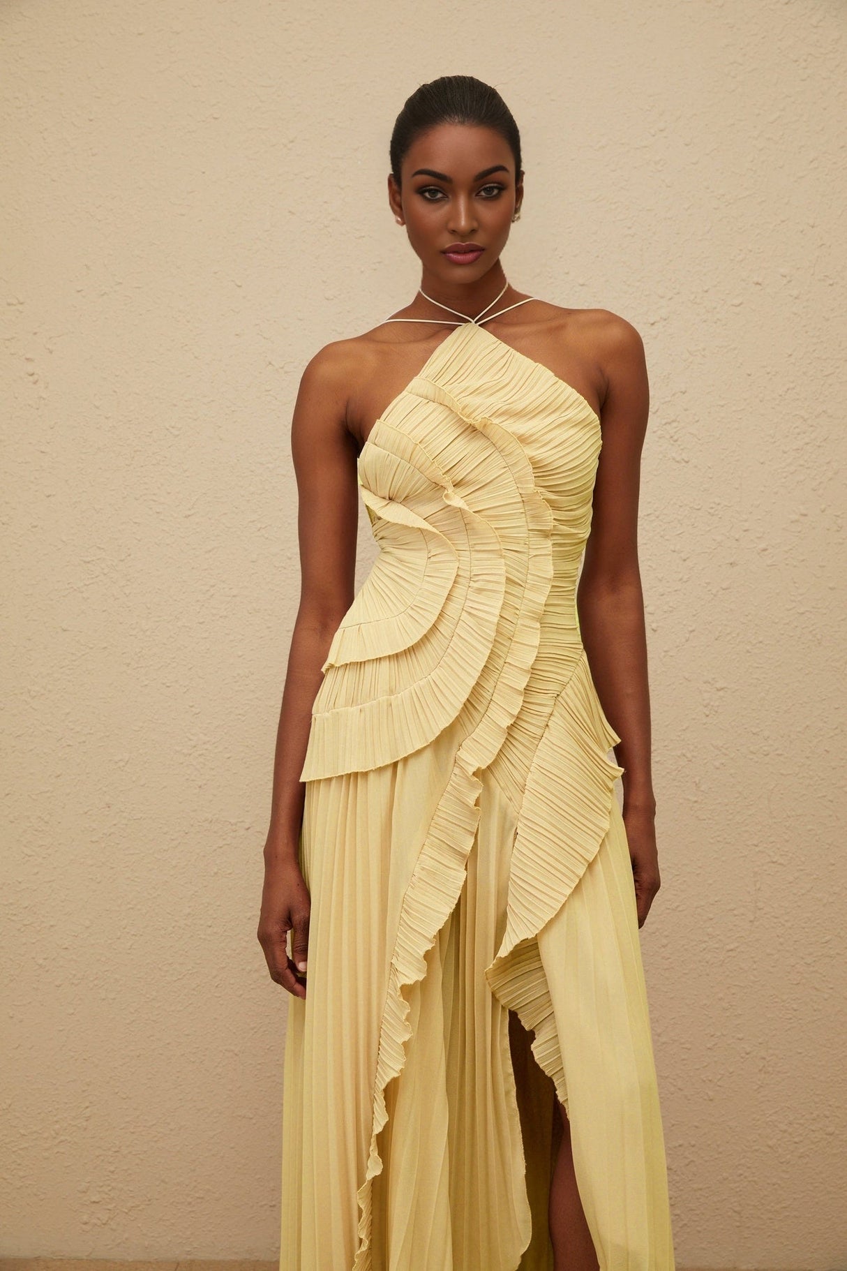 Fiorenza Midi Dress - Halterneck - Sleeveless - Fully - Pleated - Ruffled Trim - Asymmetrical Design