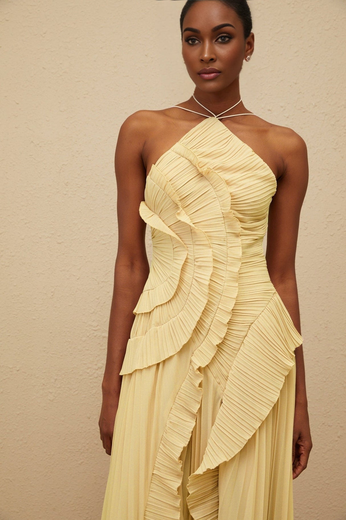 Fiorenza Midi Dress - Halterneck - Sleeveless - Fully - Pleated - Ruffled Trim - Asymmetrical Design