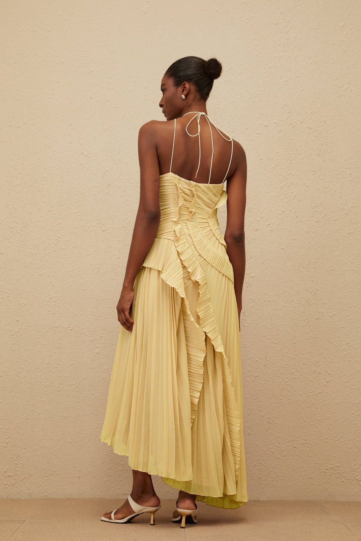 Fiorenza Midi Dress - Halterneck - Sleeveless - Fully - Pleated - Ruffled Trim - Asymmetrical Design