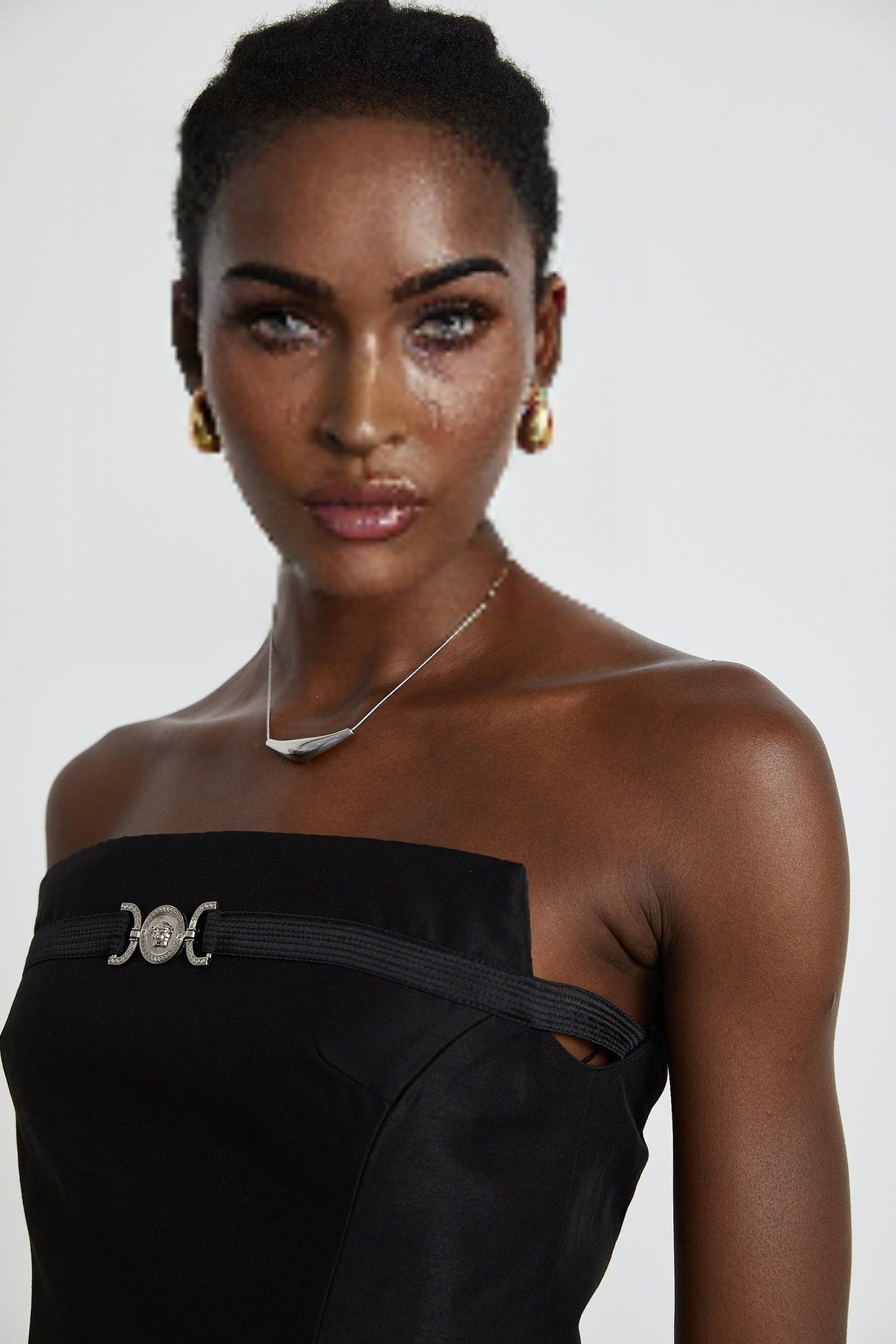 Fiorenza Skirt & Top Set - Sleeveless Off - The - Shoulder Design - Medusas Head Motif - High - Waisted Box - Pleat Skirt - Rear Zip Fastening