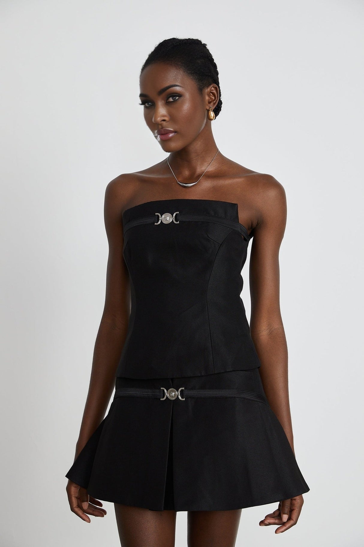 Fiorenza Skirt & Top Set - Sleeveless Off - The - Shoulder Design - Medusas Head Motif - High - Waisted Box - Pleat Skirt - Rear Zip Fastening