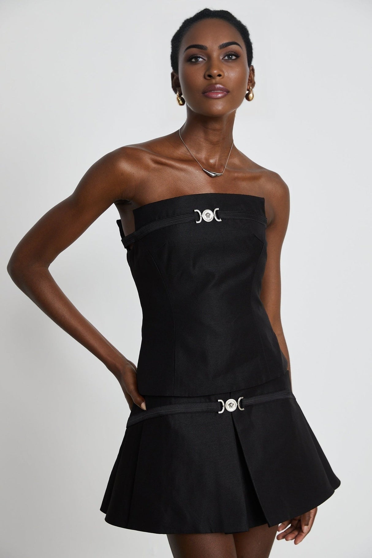 Fiorenza Skirt & Top Set - Sleeveless Off - The - Shoulder Design - Medusas Head Motif - High - Waisted Box - Pleat Skirt - Rear Zip Fastening