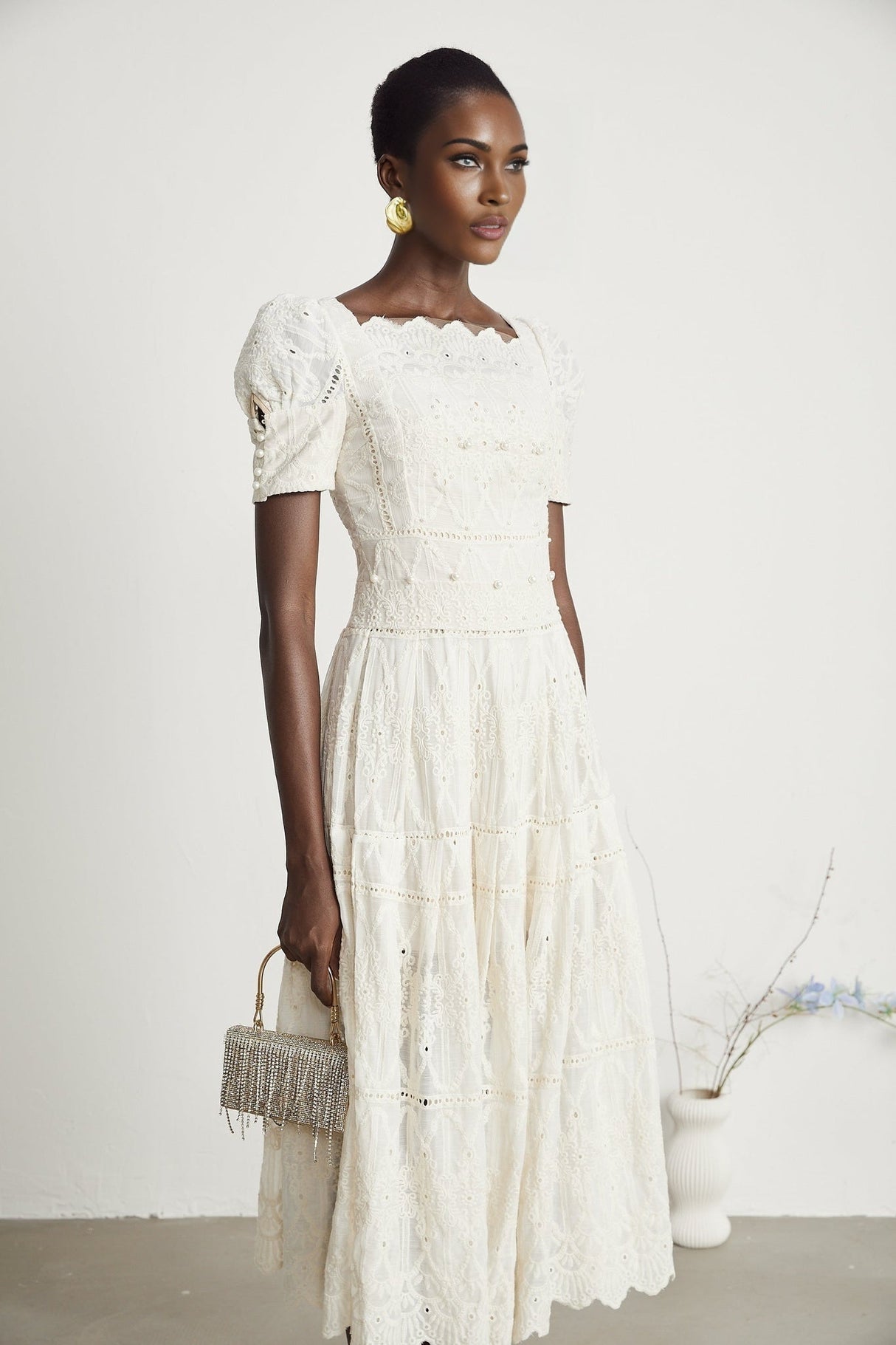 Fiorina Midi Dress - Faux - Pearl Embellishment - Cut - Out Design - Lace Trim - Flounce Hem - A - Line Fit