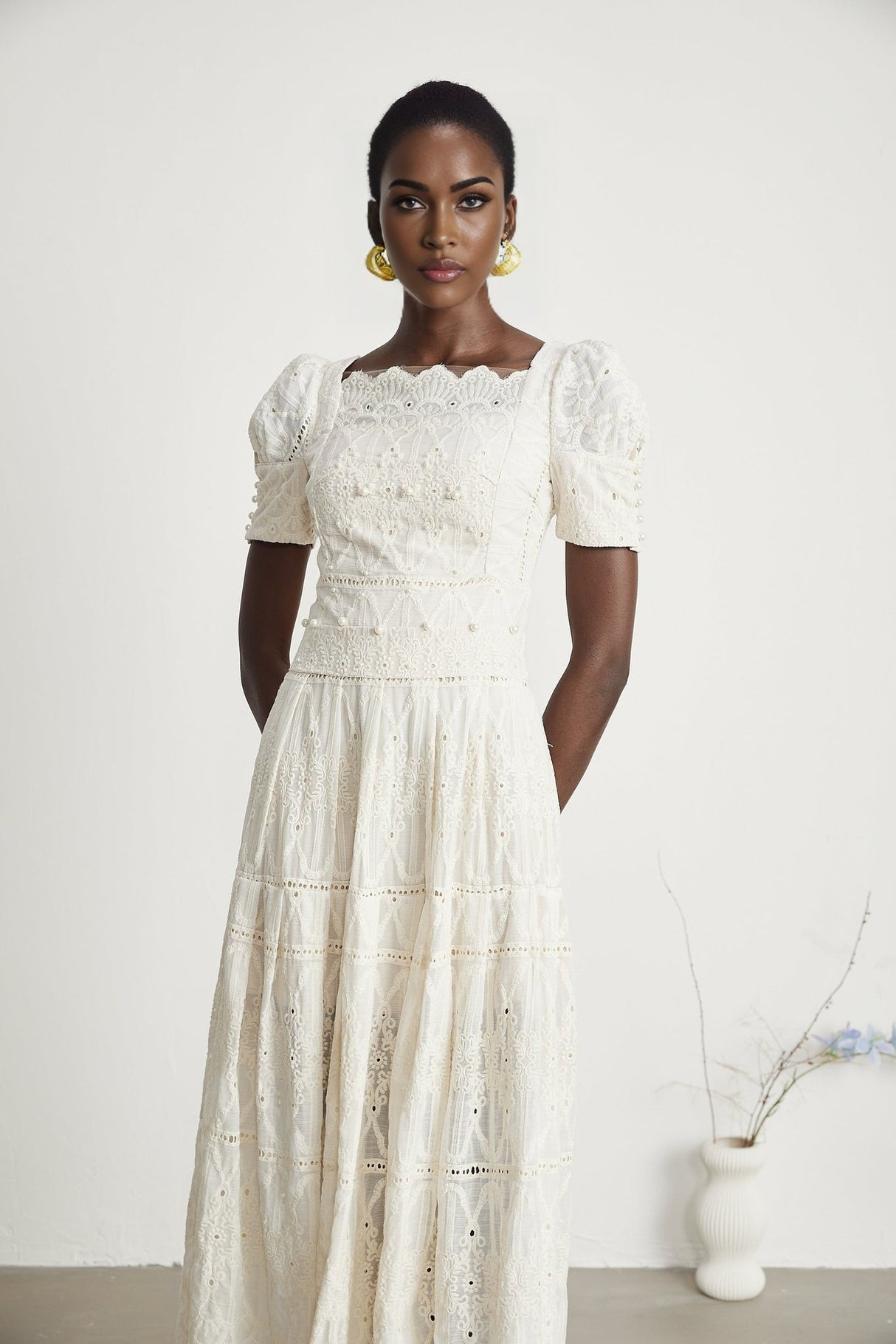 Fiorina Midi Dress - Faux - Pearl Embellishment - Cut - Out Design - Lace Trim - Flounce Hem - A - Line Fit