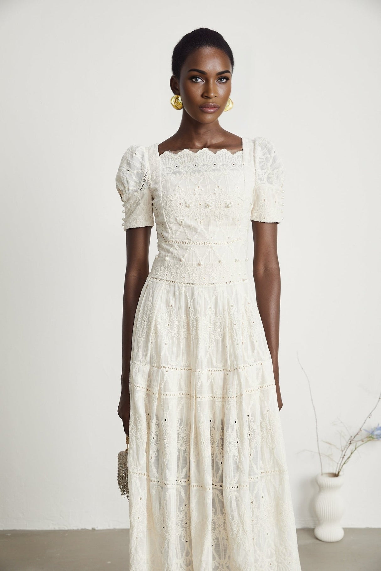 Fiorina Midi Dress - Faux - Pearl Embellishment - Cut - Out Design - Lace Trim - Flounce Hem - A - Line Fit