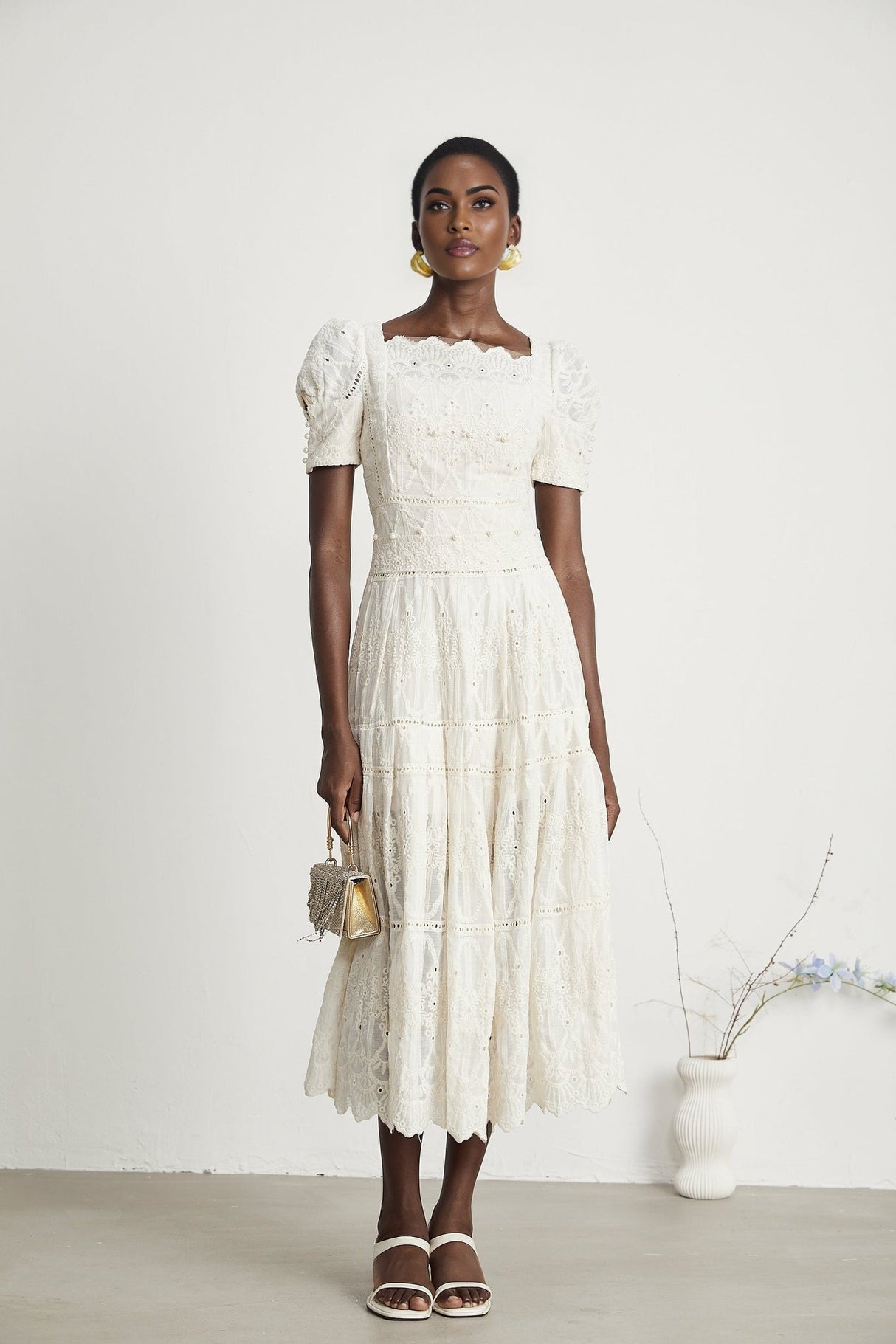 Fiorina Midi Dress - Faux - Pearl Embellishment - Cut - Out Design - Lace Trim - Flounce Hem - A - Line Fit