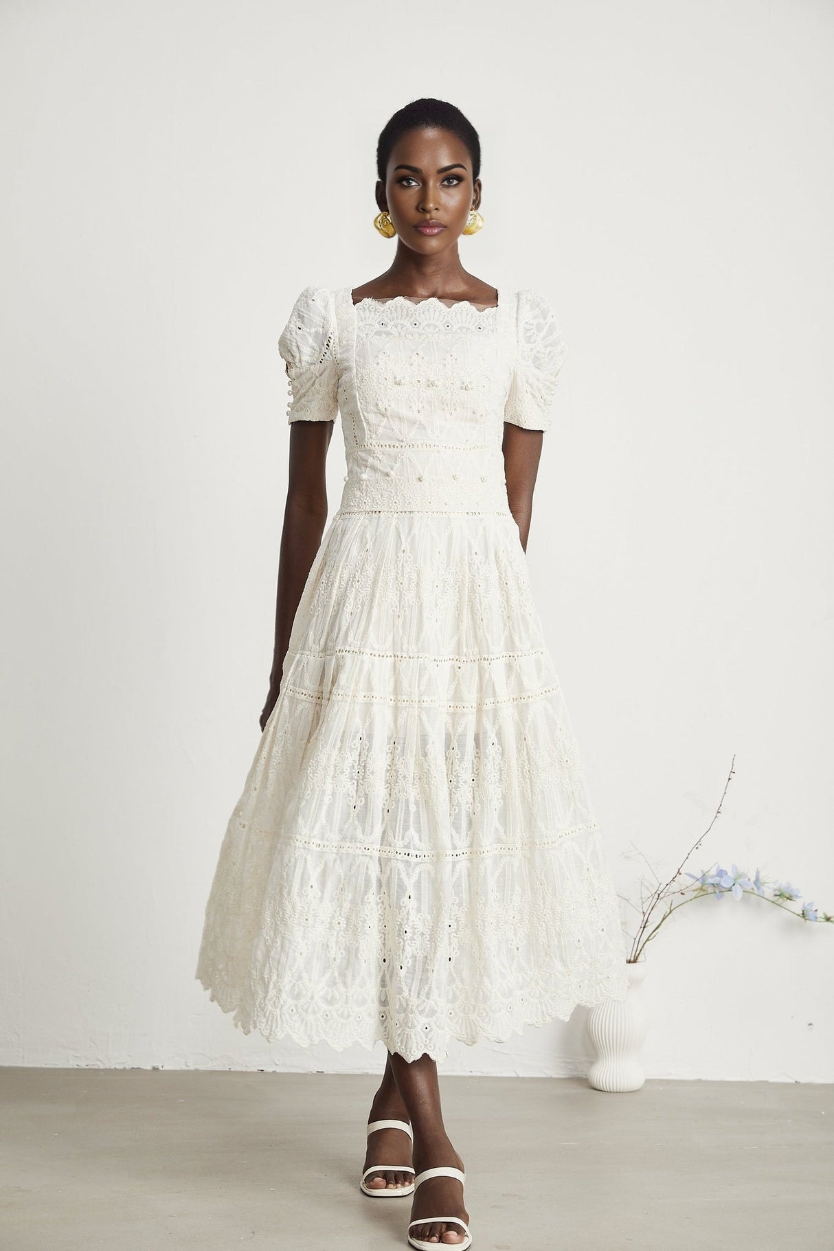 Fiorina Midi Dress - Faux - Pearl Embellishment - Cut - Out Design - Lace Trim - Flounce Hem - A - Line Fit