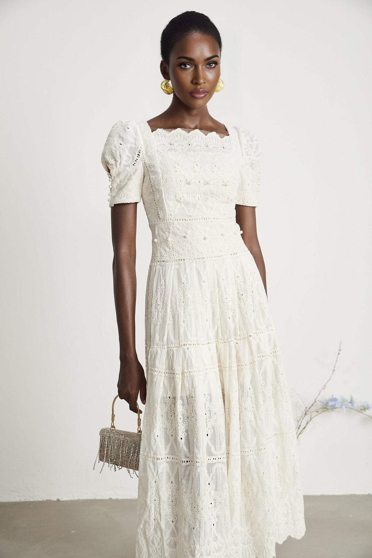 Fiorina Midi Dress - Faux - Pearl Embellishment - Cut - Out Design - Lace Trim - Flounce Hem - A - Line Fit