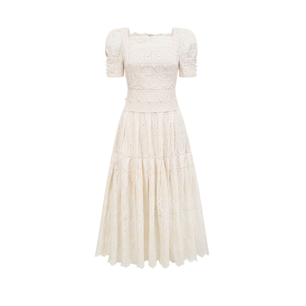Fiorina Midi Dress - Faux - Pearl Embellishment - Cut - Out Design - Lace Trim - Flounce Hem - A - Line Fit