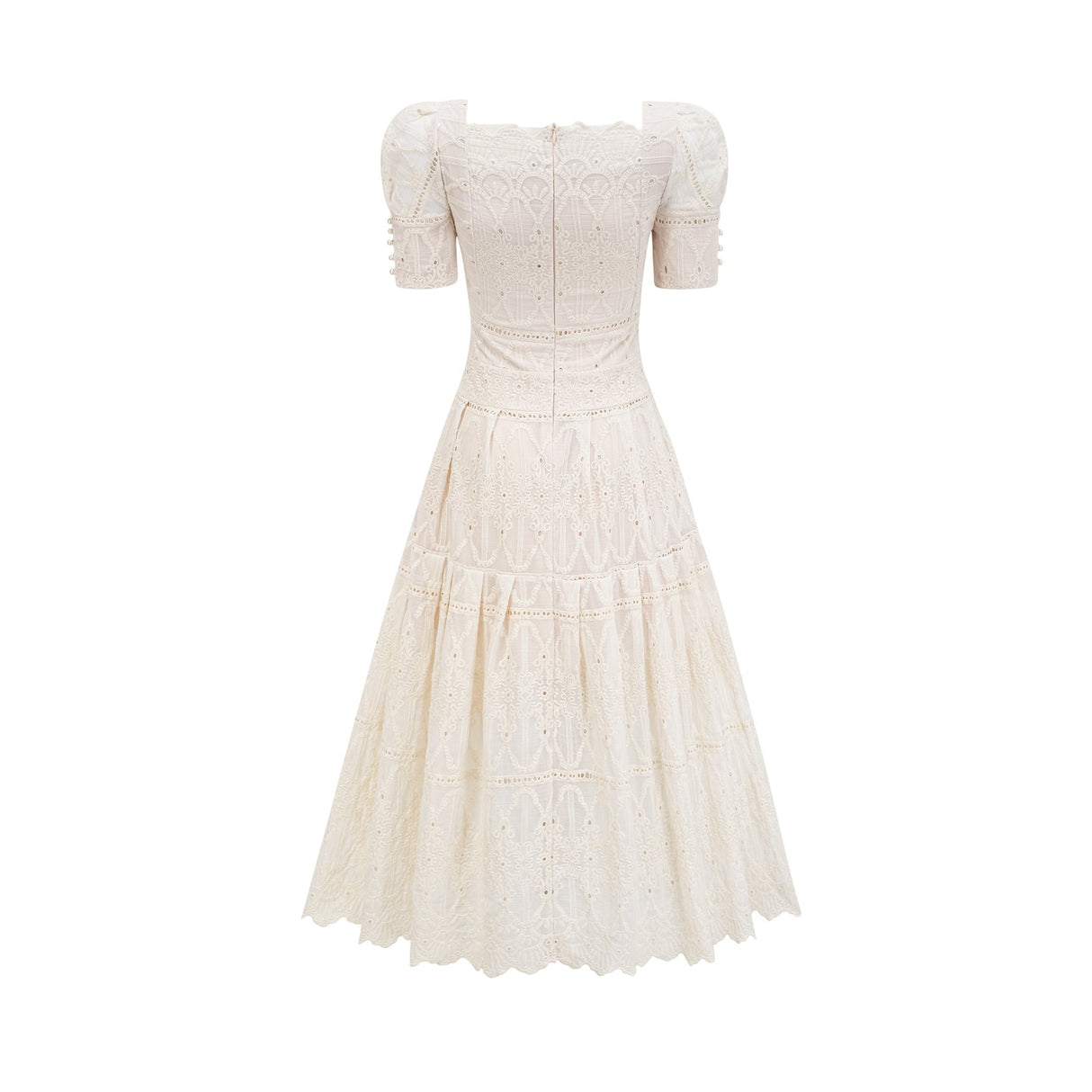 Fiorina Midi Dress - Faux - Pearl Embellishment - Cut - Out Design - Lace Trim - Flounce Hem - A - Line Fit