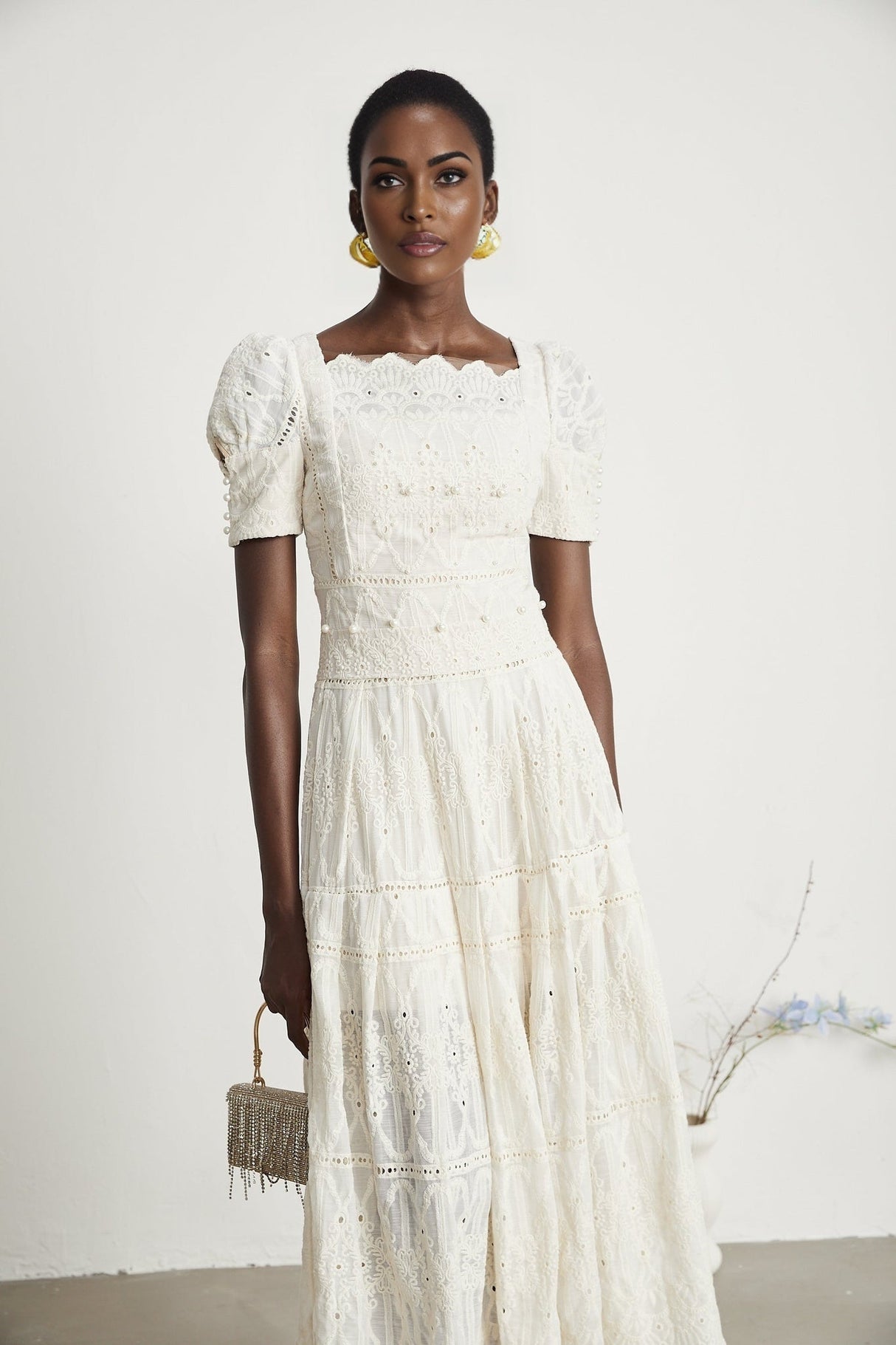 Fiorina Midi Dress - Faux - Pearl Embellishment - Cut - Out Design - Lace Trim - Flounce Hem - A - Line Fit