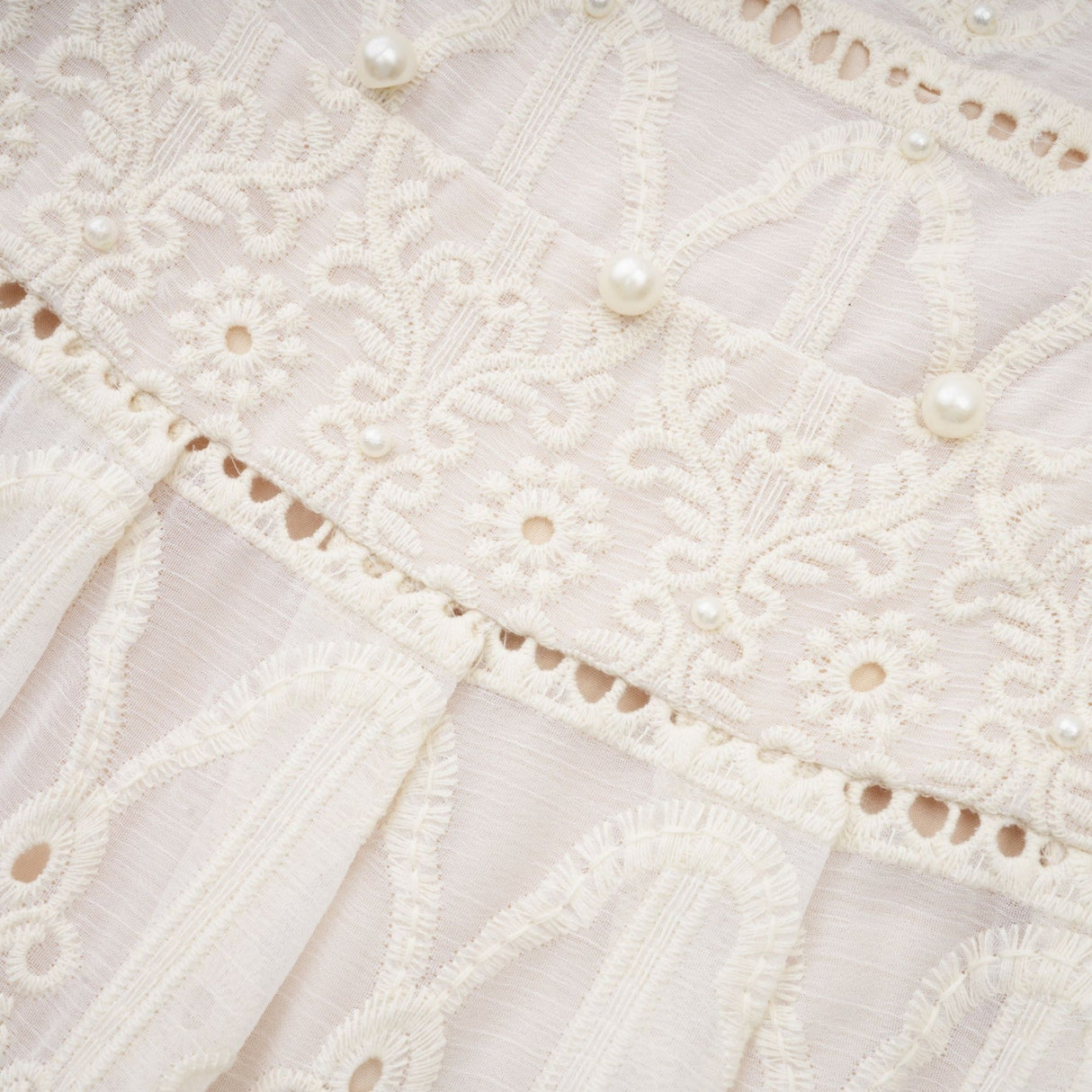 Fiorina Midi Dress - Faux - Pearl Embellishment - Cut - Out Design - Lace Trim - Flounce Hem - A - Line Fit