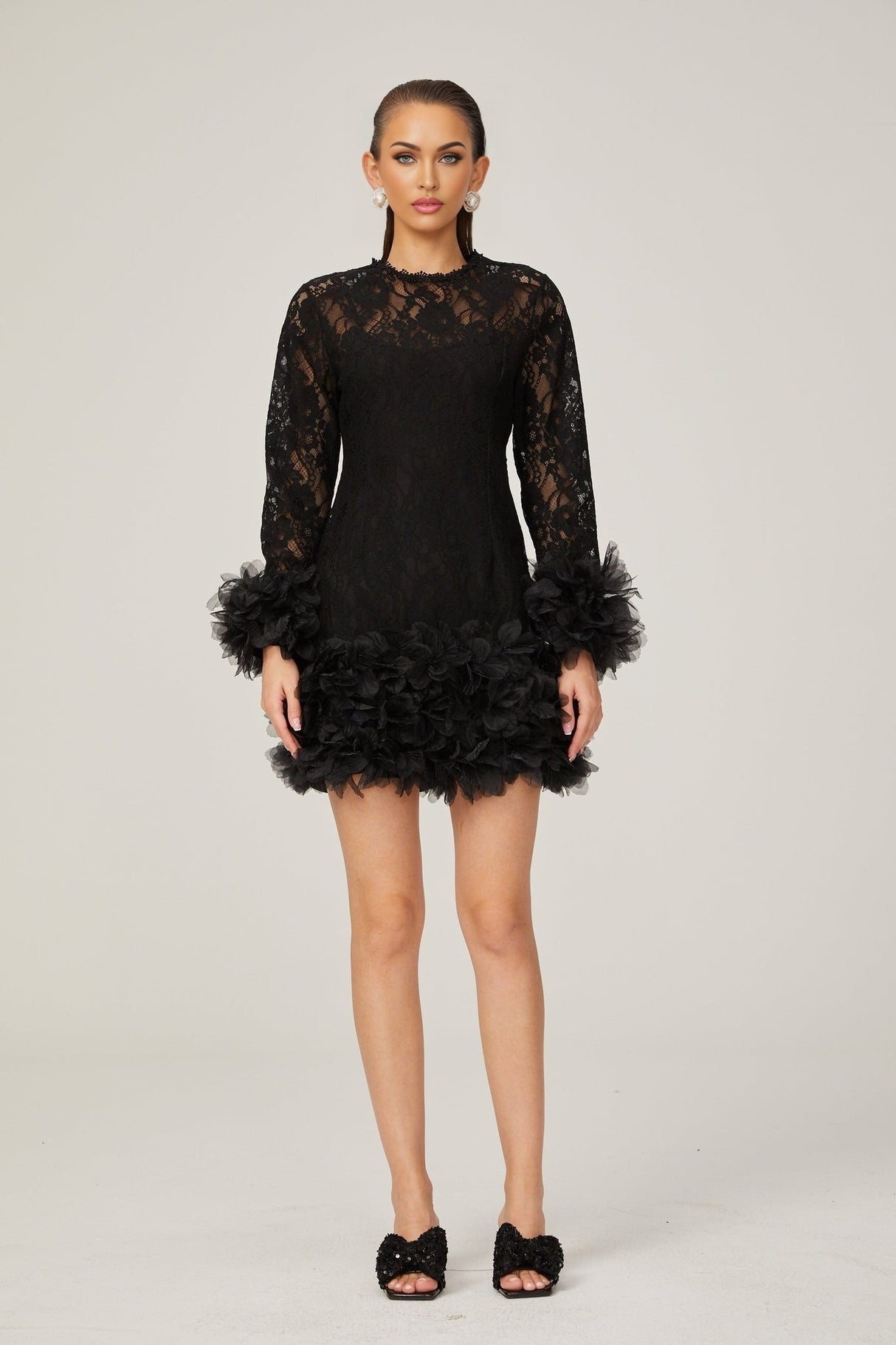 Flaminia Lace Overlay Mini Dress - Semi Sheer - Feather Trim - Layered Design - Rear Zip Fastening