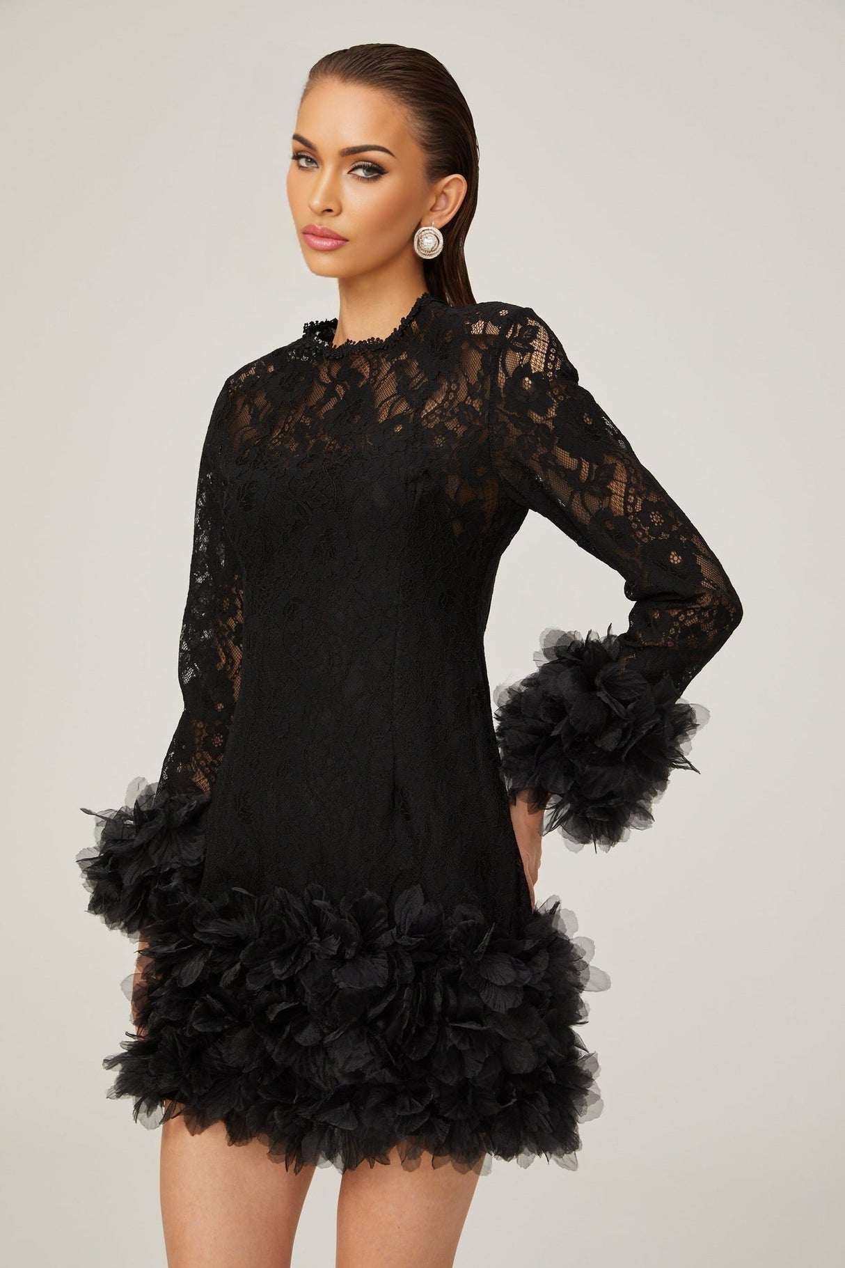 Flaminia Lace Overlay Mini Dress - Semi Sheer - Feather Trim - Layered Design - Rear Zip Fastening