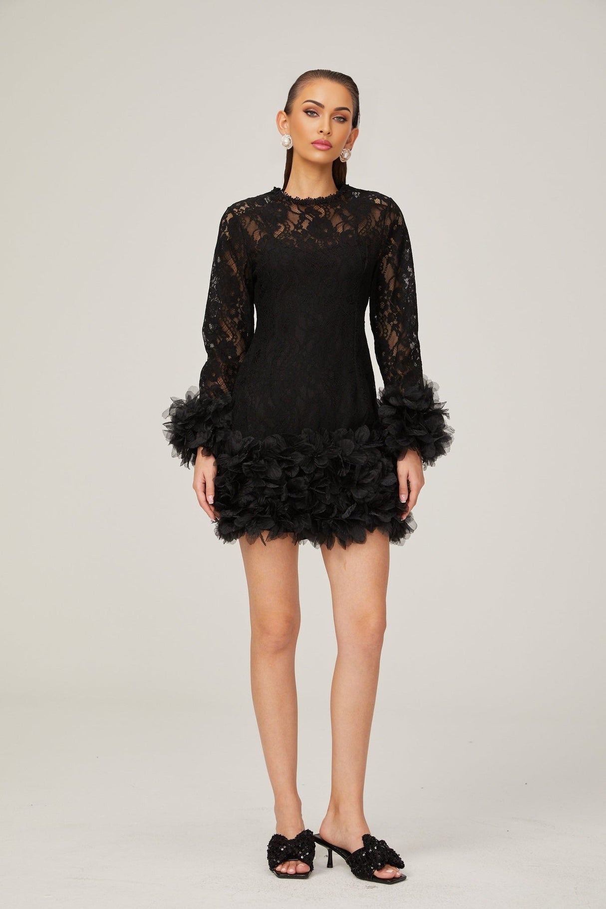 Flaminia Lace Overlay Mini Dress - Semi Sheer - Feather Trim - Layered Design - Rear Zip Fastening