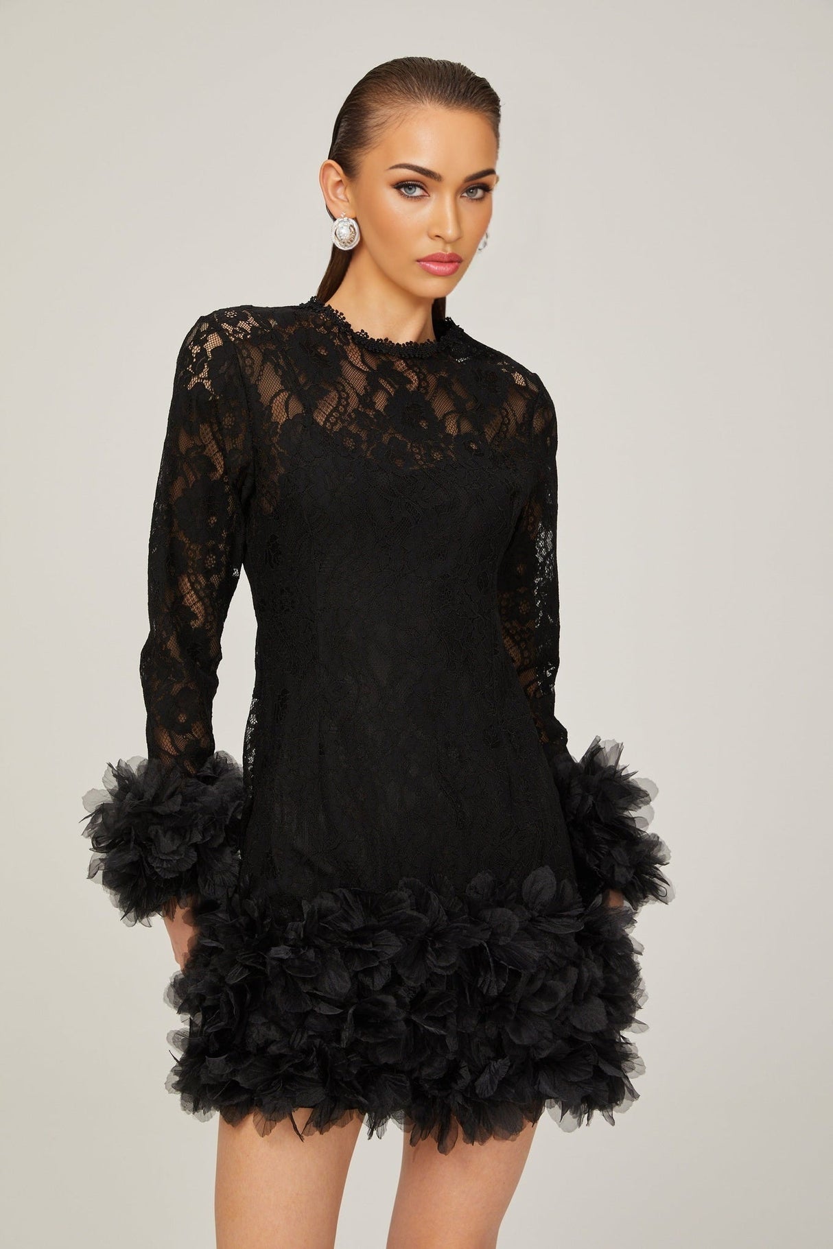 Flaminia Lace Overlay Mini Dress - Semi Sheer - Feather Trim - Layered Design - Rear Zip Fastening