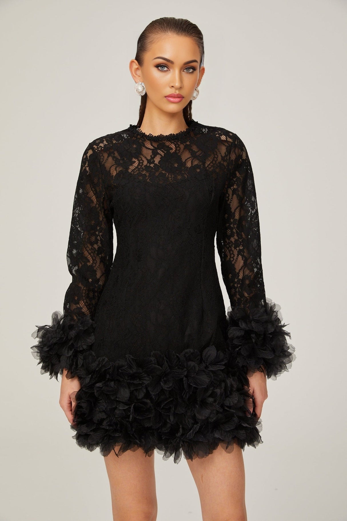 Flaminia Lace Overlay Mini Dress - Semi Sheer - Feather Trim - Layered Design - Rear Zip Fastening