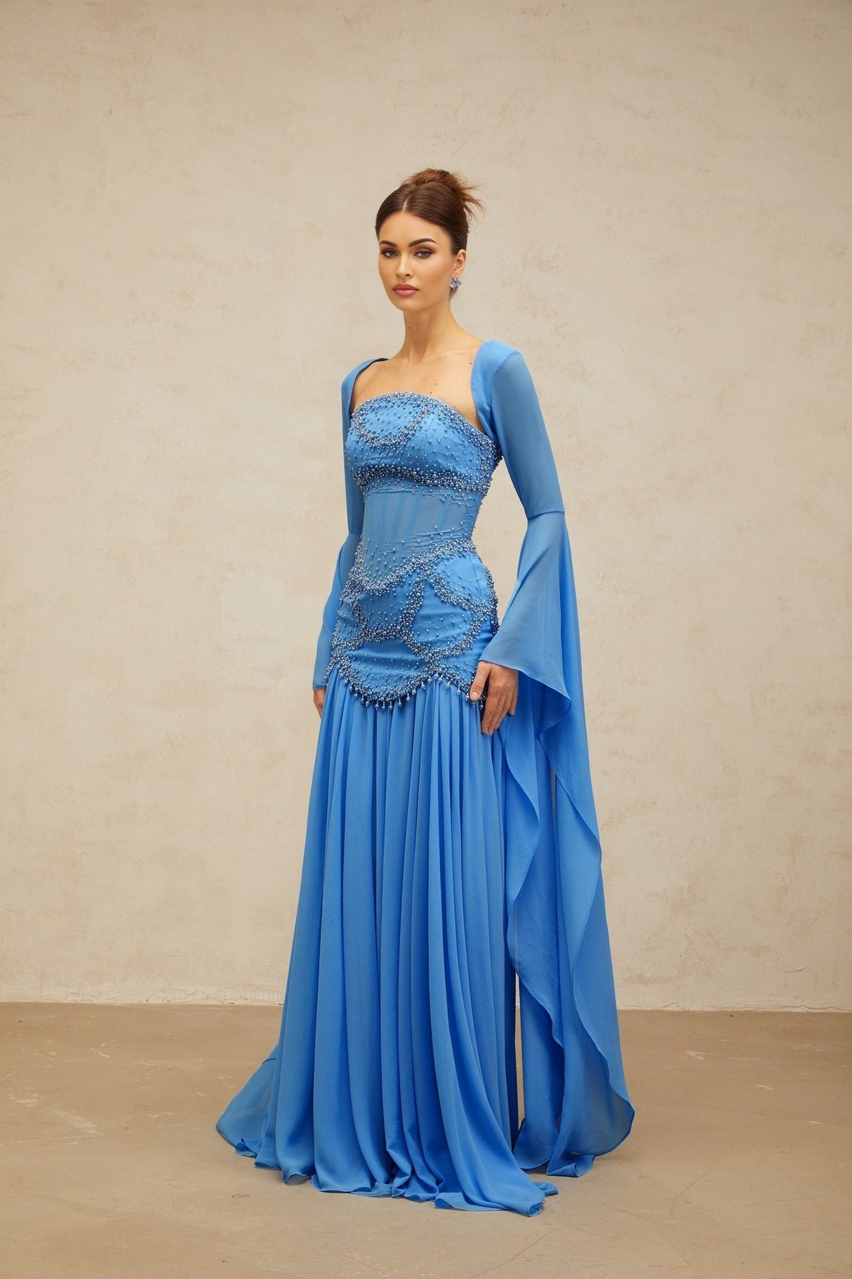 Flaminia Maxi Dress - Sweetheart Neck - Bell Sleeves - Faux - Pearl & Rhinestone Embellishment - Pleated Detailing - Boned Bodice