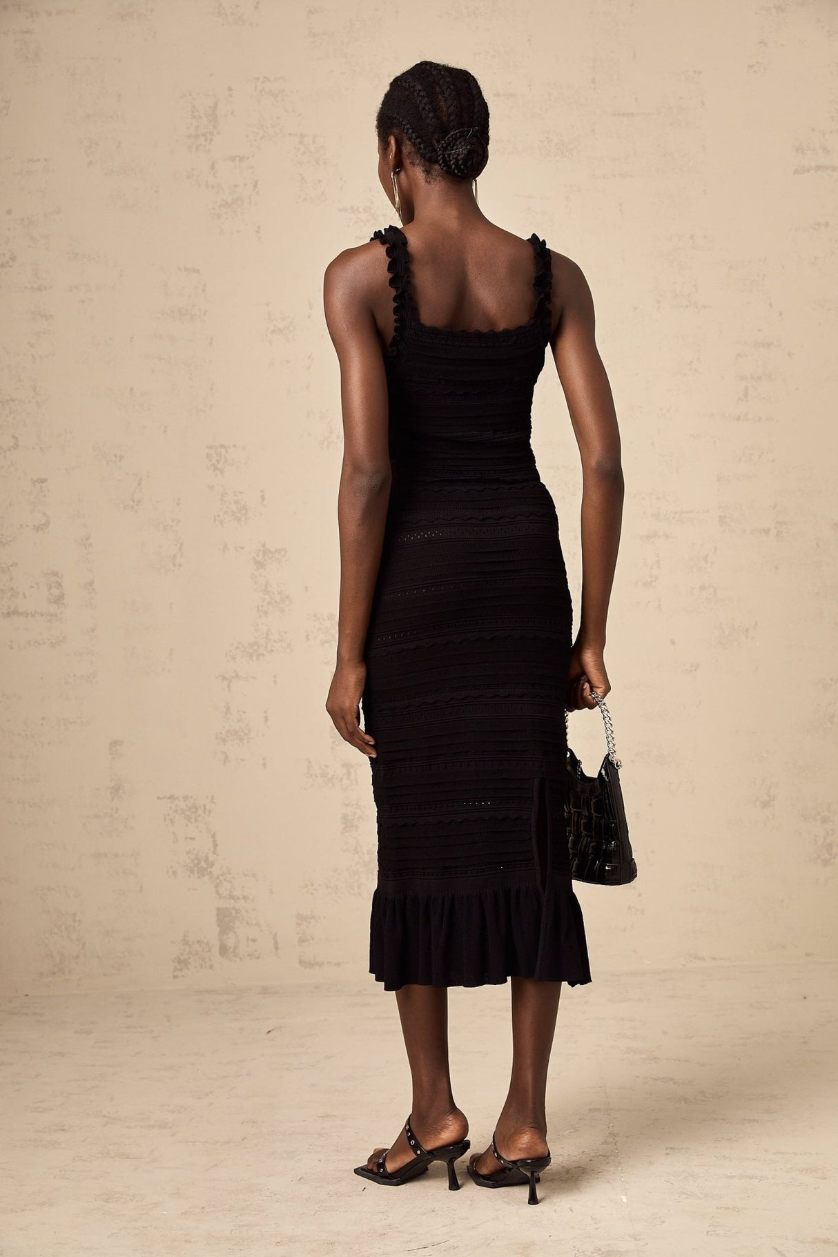 Flaminia Skirt & Top Set - Sleeveless Square Neck Top - Crochet Knit Ruffles - Pleated Midi Skirt