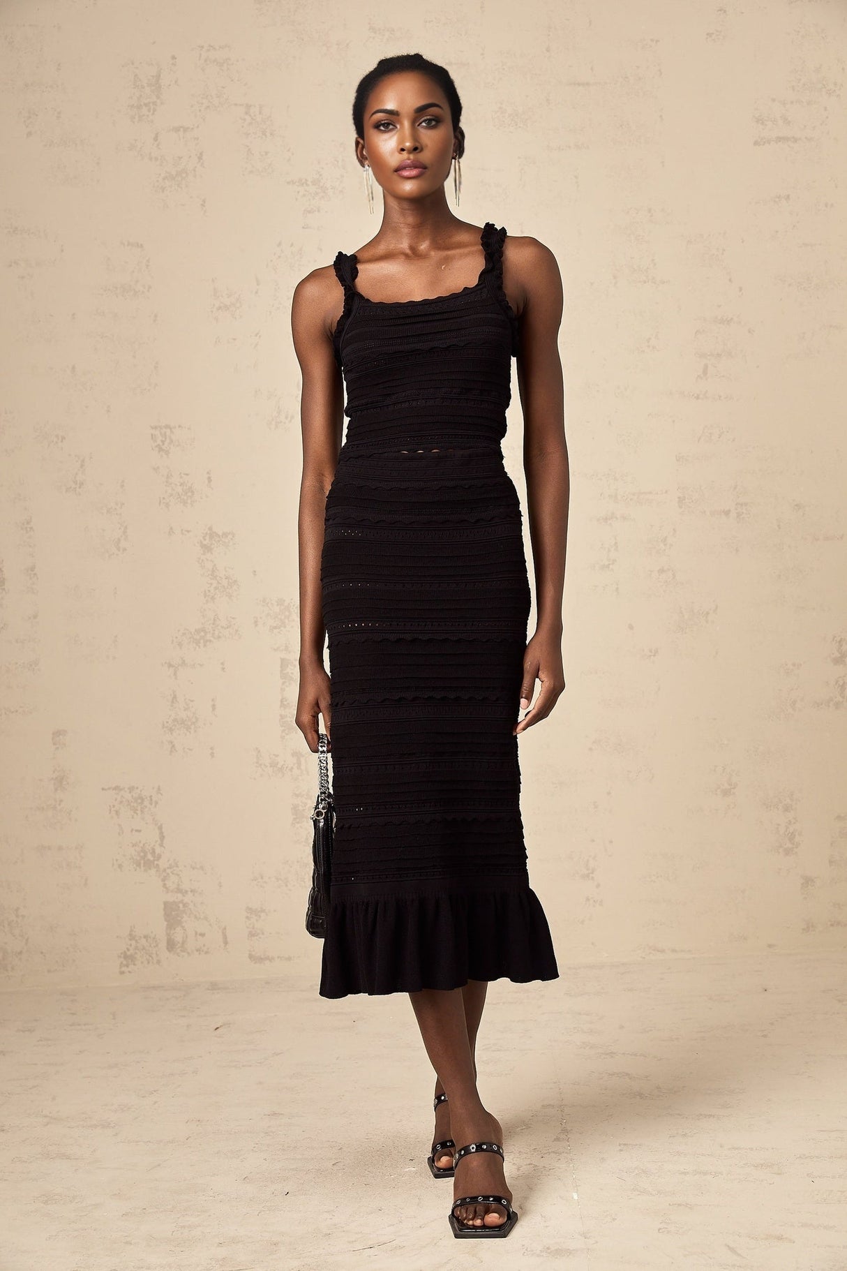 Flaminia Skirt & Top Set - Sleeveless Square Neck Top - Crochet Knit Ruffles - Pleated Midi Skirt